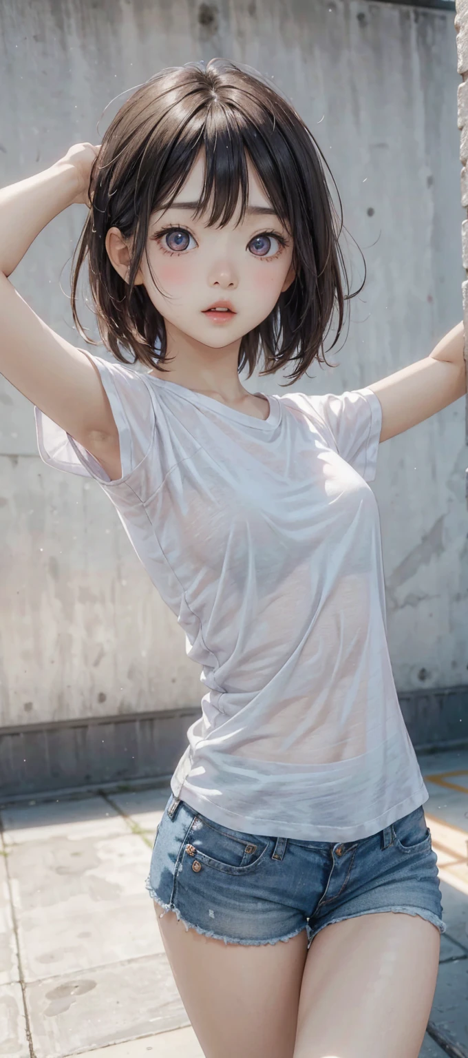 Optimal,masterpiece,High resolution,highest quality,(Upper body),cute face、long hair、hair line,long eyelashes,drooping corners of the eyes,white skin,((shoot from below:1.5)), ((Wearing a tight white t-shirt:1.5)), ((tight skirt)). ((transparent nipples))、rocket , ((medium breasts)), (((panties))), (((hand behind back))), (((steam))), (((focus on panties))), (((black background))), (((o-face))), (((submissive)))