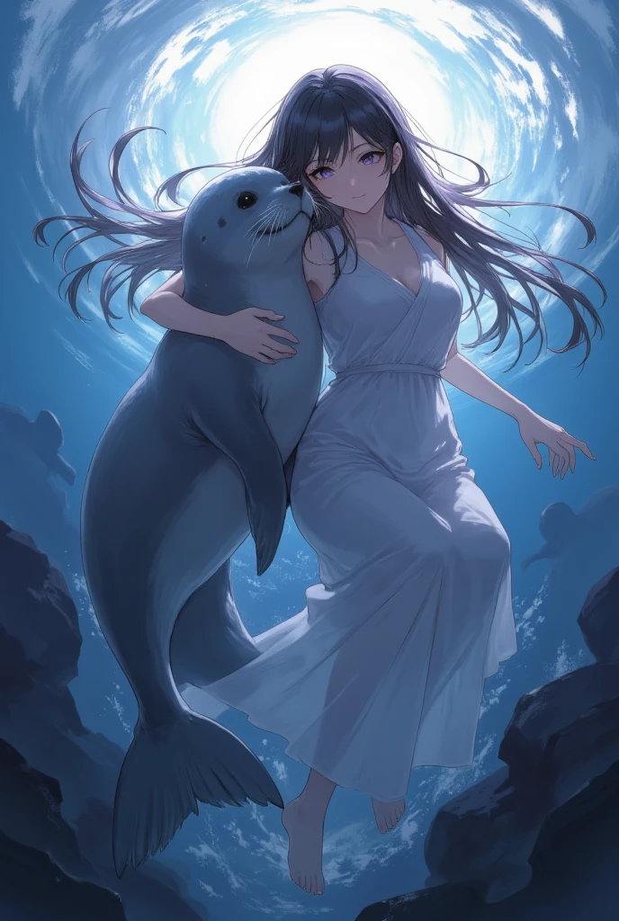 ((line-art Anime, manga aesthetic, highly detailed, vibrant colors, dynamic lighting, soft shading, 8k resolution, masterpiece)),(((1girl_seal:1.2)))A woman emerging from water, with a seal climbing up beside her to embrace her, symbolizing harmony and connection. The woman has long, flowing hair, wearing a simple, elegant dress that drapes gently around her body, creating a sense of ethereal beauty. The seal, with smooth fur and expressive eyes, gently wraps its flippers around her in a tender embrace. The scene is set in a serene, mystical landscape with soft, glowing light filtering through the water. The background is filled with gentle waves and mist, creating a peaceful atmosphere. The scene is highly detailed with dynamic lighting and vibrant colors, bringing out the contrast between the dark depths of the water and the illuminated figure of the woman and the seal. The art style is anime-inspired with manga aesthetics, soft shading, and vibrant hues that make the characters stand out beautifully. The image is rendered in 8k resolution, creating a sense of depth and intricacy in every detail, showcasing the masterpiece of this serene, magical moment."