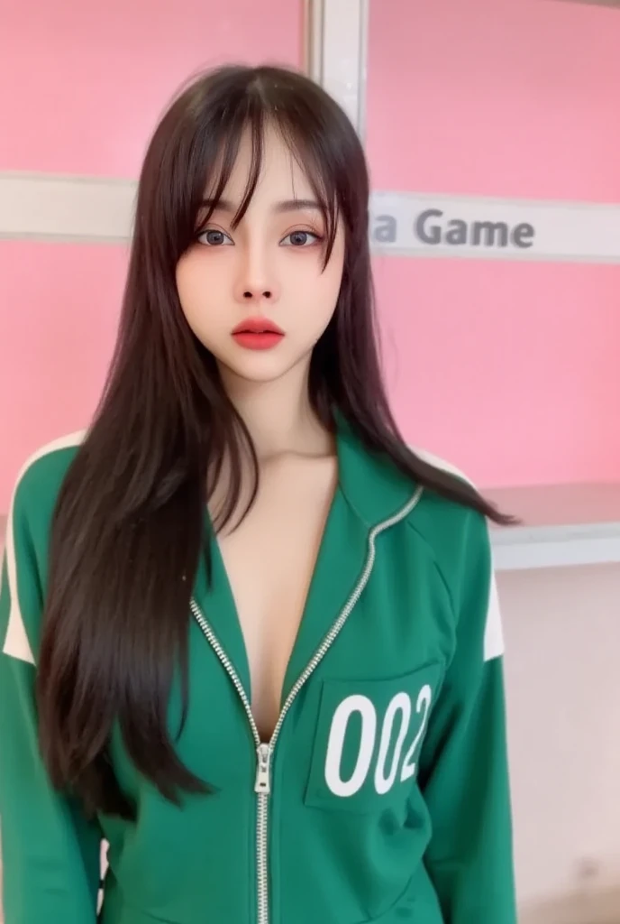 A 25-year-old Korean woman with long hair, a pretty face with clear details, wearing a green Squid Game outfit, green long-sleeved overalls with white stripes. The zipper unzipped, revealing her breasts. On her right chest is the number 002. She stands in a room with pink and white stripes and the text "Squid Game" written in black, contrasting with the pink on the wall.