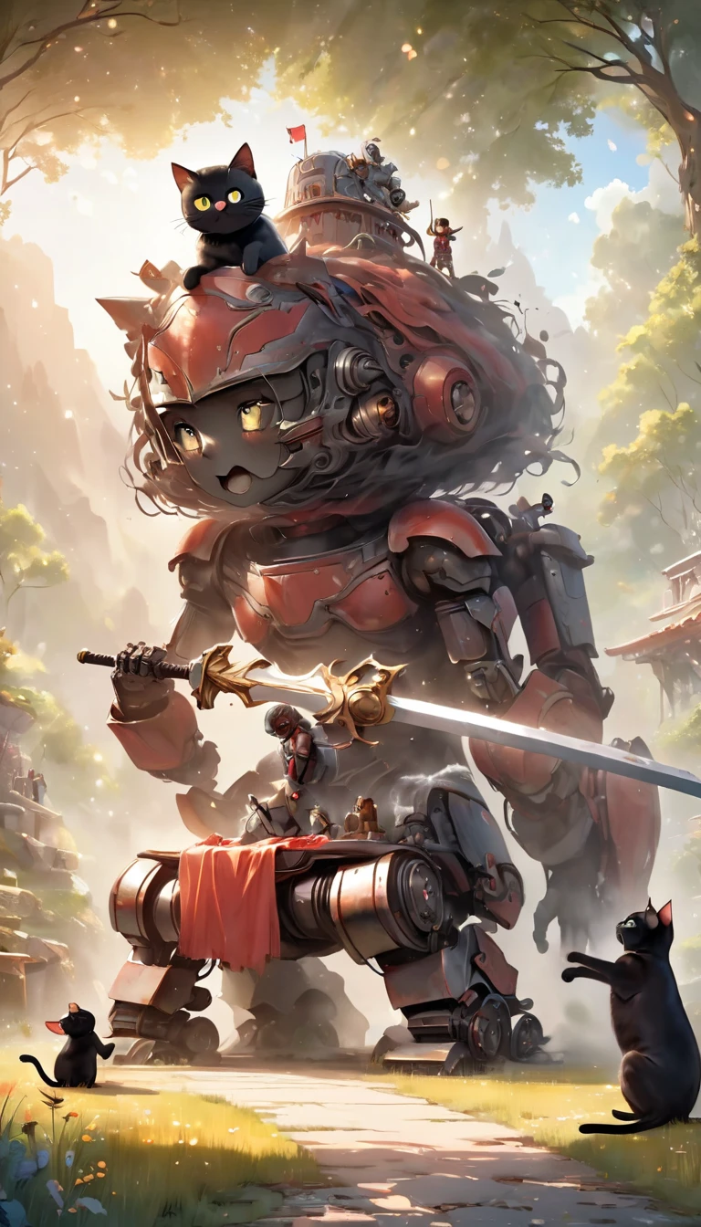 Animation, 8K quality, sophisticated design, advanced lighting technology, work of art, picturesque, theme is "robot gladiator", a robot gladiator with a funny face, a robot gladiator posing with a big sword, a black cat sitting on the robot gladiator's head and washing its face, a humorous scene, a heartwarming scene, bright sunlight