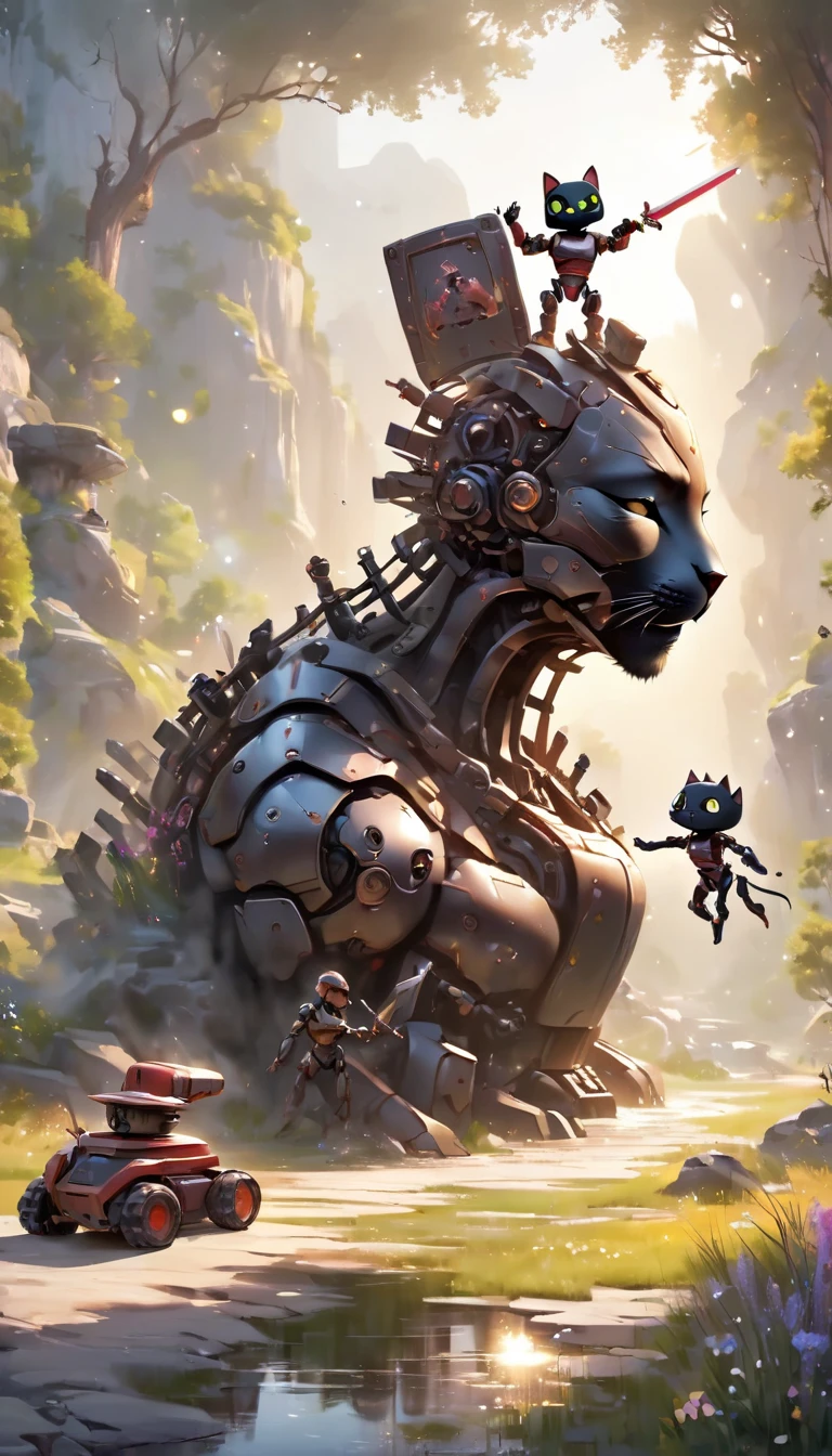 Animation, 8K quality, sophisticated design, advanced lighting technology, work of art, picturesque, theme is "robot gladiator", a robot gladiator with a funny face, a robot gladiator posing with a big sword, a black cat sitting on the robot gladiator's head and washing its face, a humorous scene, a heartwarming scene, bright sunlight