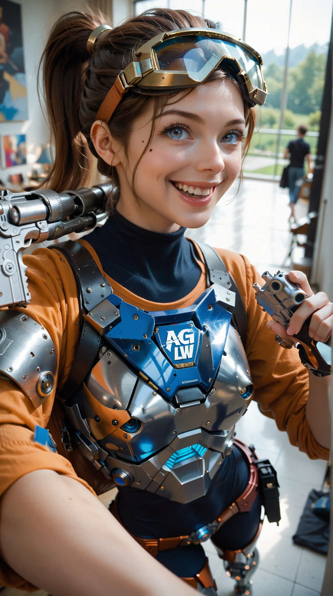 woman, petite body, orange hair, one braid, orange tinted glasses, headset,military clothes,gloves, 
indoors, garage, ammo boxes, standing, looking at viewer, smiling,arm raised,hand, peace sign
bounce lighting, medium shot, hdr, beautiful detail, warm ambiance,  <lora:lis_(battlefield_2042):.8>