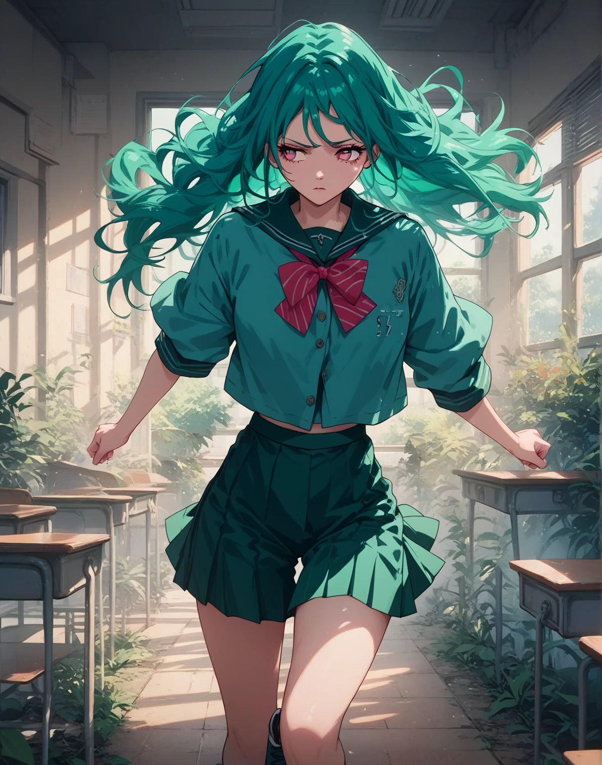 a woman with long wavy dark teal green hair, pink eyes, pink school uniform, chainsaw at the background, running, ruin boarded classroom, look away, (((alone)))