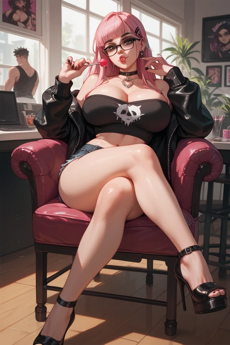 Curvy, glasses, sexy, large breasts, light pink long hair, BROWN EYES, emo style, lollipop, sitting in chair with legs crossed