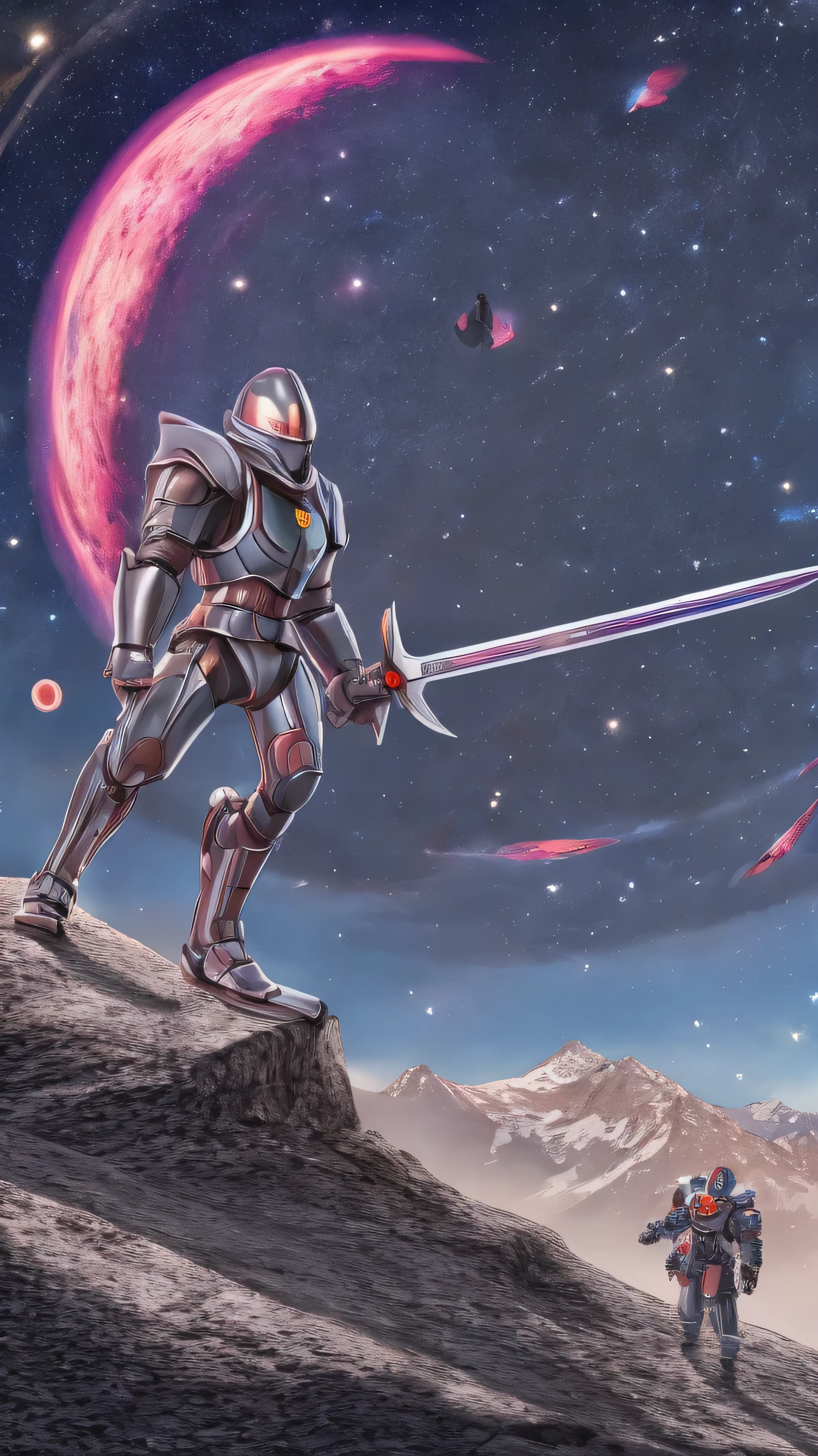  high-definition picture ，masterpiece,  very detailed,  super real ,  detailed background ,  BRIGHT LIGHTING, Daylight,ROBOT KNIGHT IN SPACE , ( A Swordsman fights against bandits in outer space surrounded by stars), (Before the Moon）, (Wide angle),
