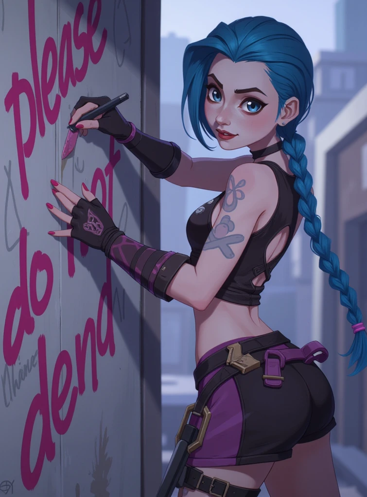 character art of jinx graffiting "please do not bend", jinx graffiti, jinx handwriting, jinx arcane, facial expressions, long blue braids, jinx arcane, loish art style, loish art