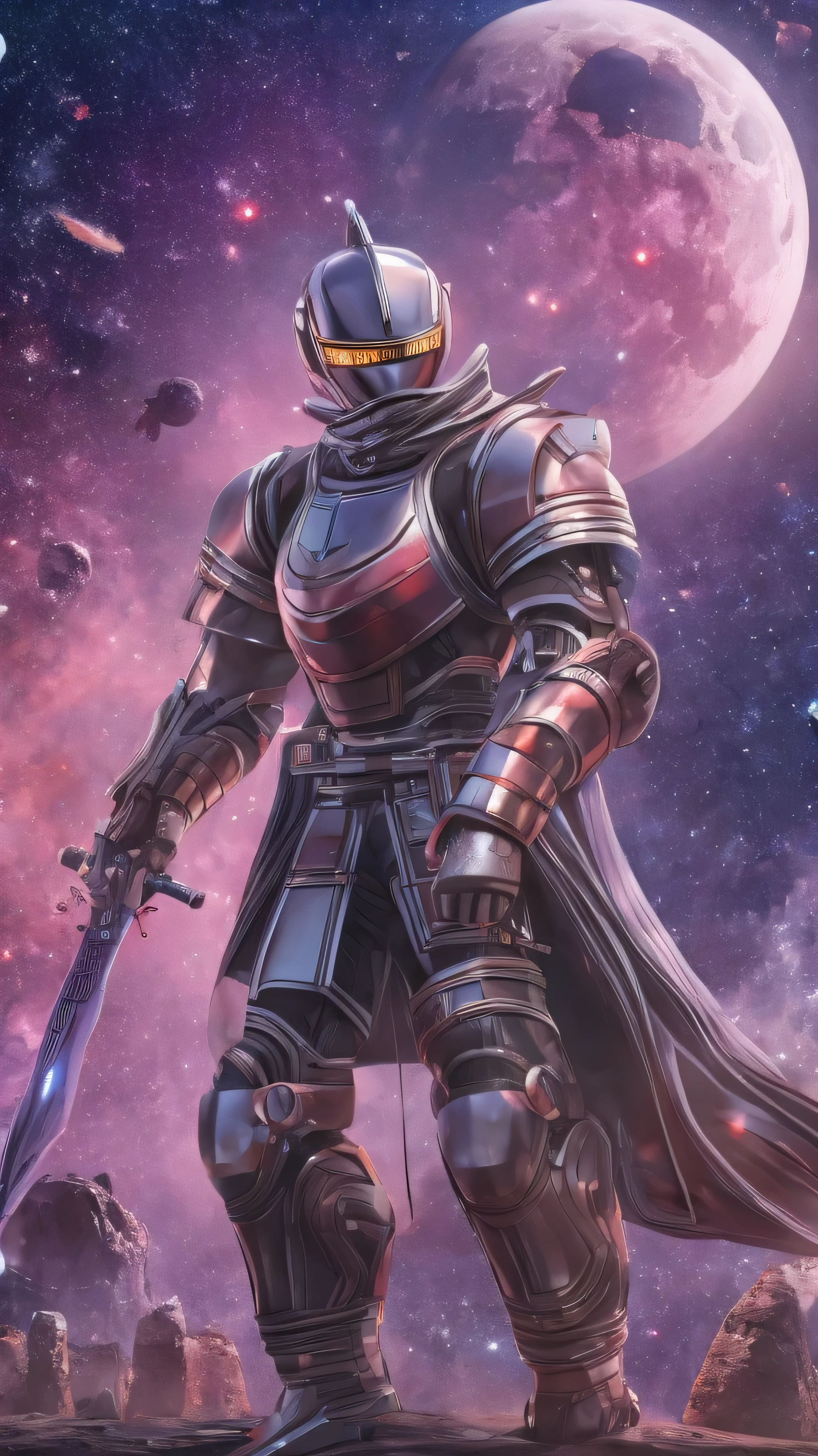  high-definition picture ，masterpiece,  very detailed,  super real ,  detailed background ,  BRIGHT LIGHTING, Daylight,ROBOT KNIGHT IN SPACE , ( A Swordsman fights against bandits in outer space surrounded by stars), (Before the Moon）, (Wide angle),
