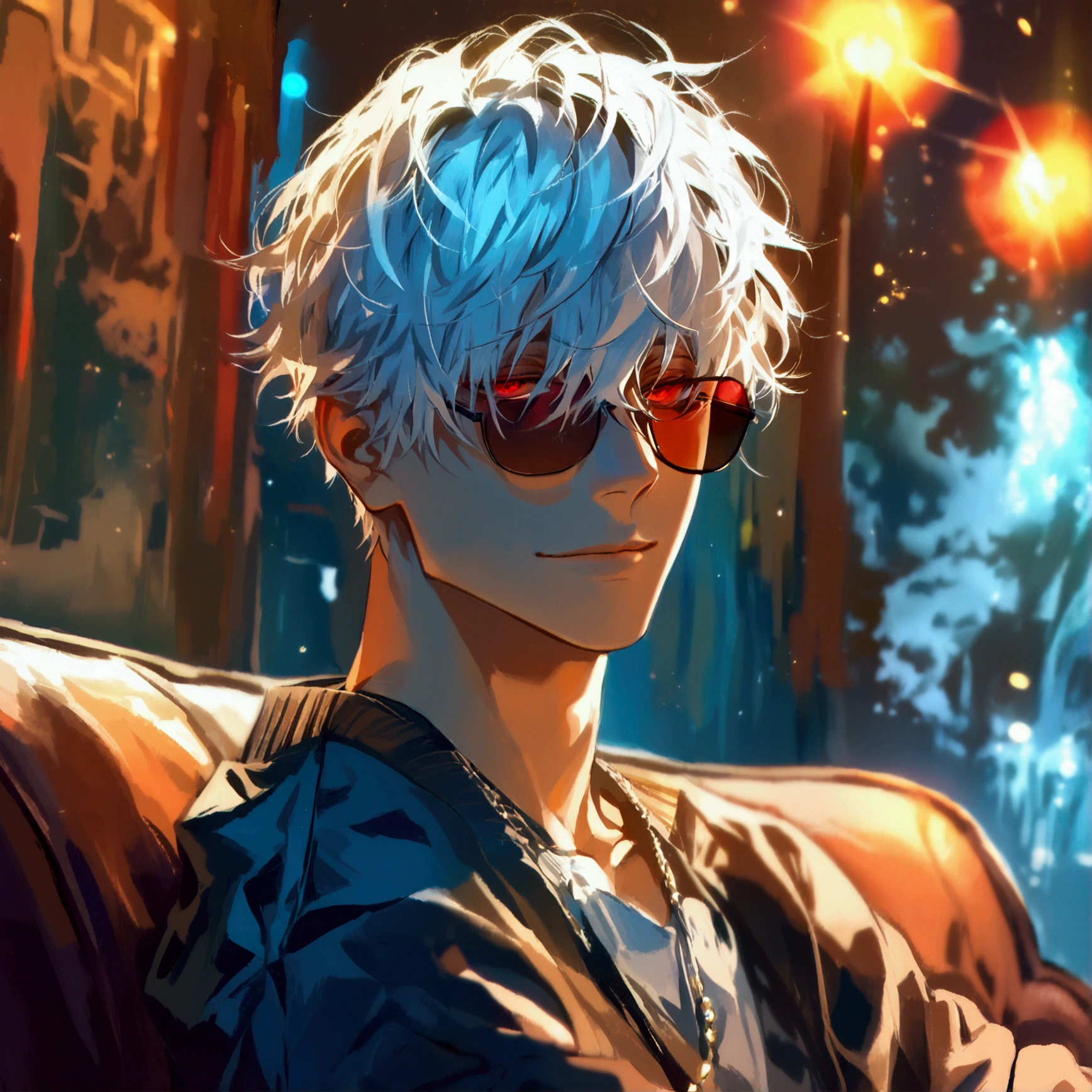 (solo), (1 male), (1 man), handsome men, (one man with white hair, red eyes), short hair, messy hair, sunglasses,((masterpiece)), (dark background: 1.3), (stylish), dynamic angle, (detailed face, detailed eyes, proportional hands, proportional anatomy), sitting in a relaxed pose, sinister atmosphere, a nihilistic smile