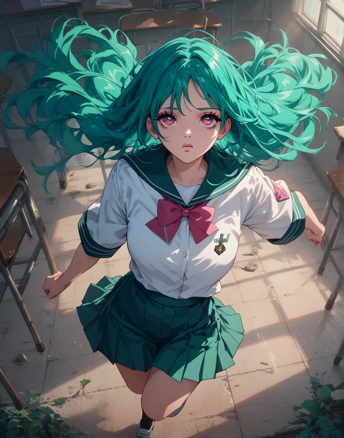 a woman with long wavy dark teal green hair, pink eyes, pink school uniform, chainsaw at the background, running, ruin boarded classroom, look up, (((alone))), looked from above, 