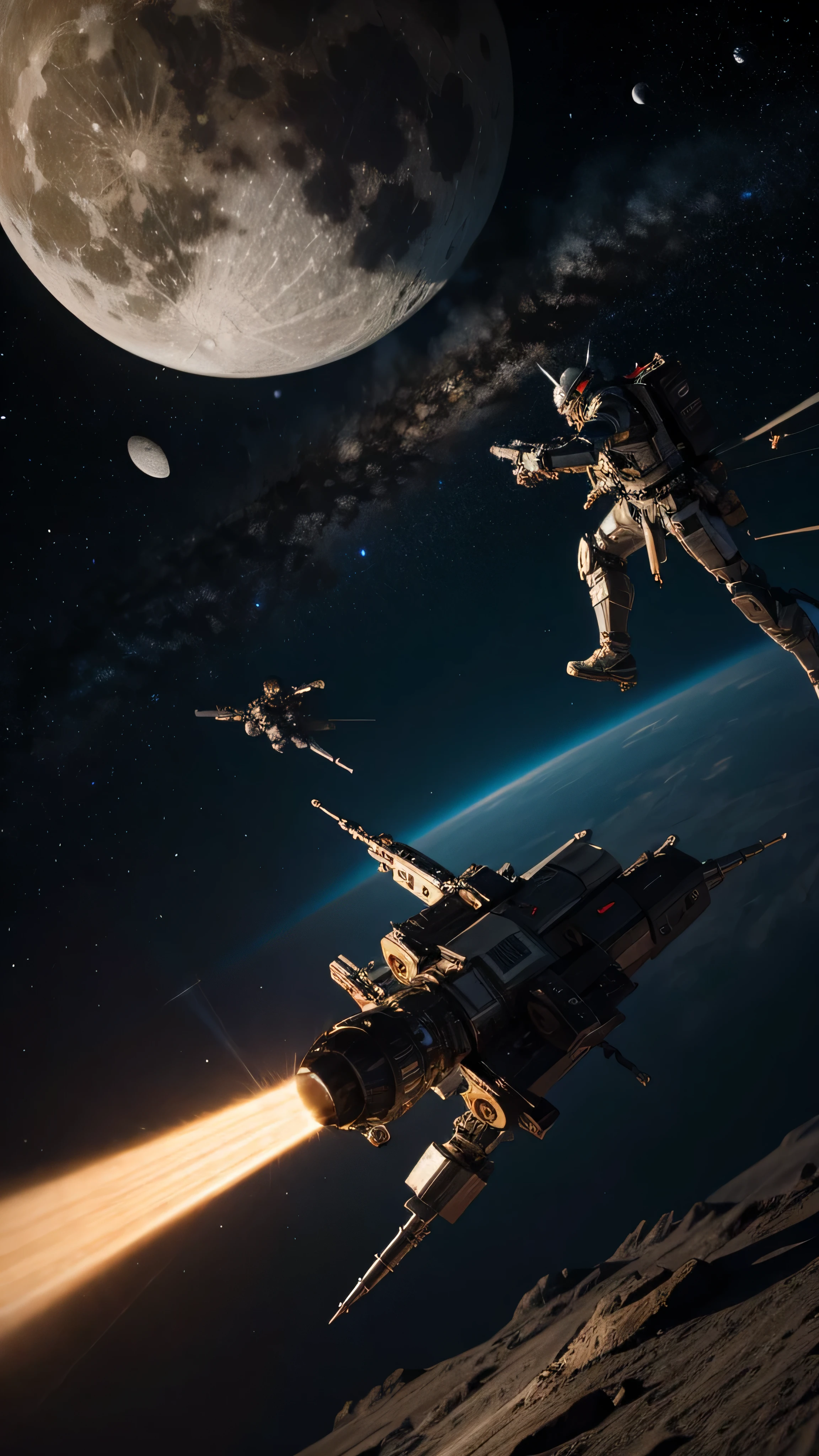  high-definition picture ，masterpiece,  very detailed,  super real ,  detailed background ,  BRIGHT LIGHTING, Daylight,ROBOT KNIGHT IN SPACE , ( A Swordsman fights against bandits in outer space surrounded by stars), (Before the Moon）, (Wide angle), Shootout While Razor Rays Are Flying 。