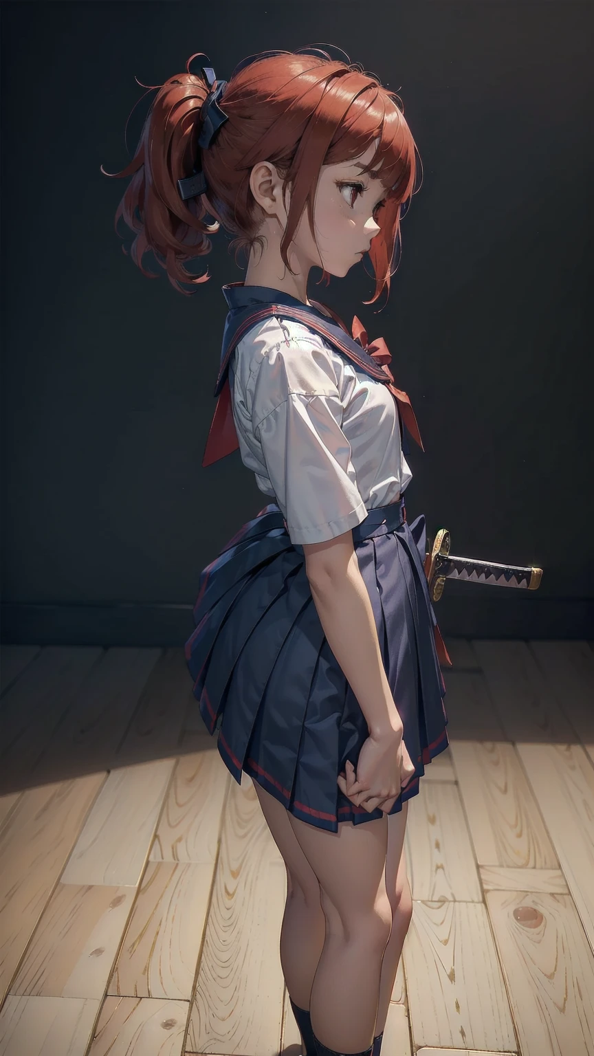 ((top quality, ultra-detailed, high resolution, extremely detailed CG, unity 8k wallpaper, by famous artist, perfect anatomy, super detailed skin, cinematic lighting, UHD, retina, anatomically correct, 1080P)), ((Please draw a single one young girl wielding a katana, standing, sad face, scared, tender, humble, good girl, but determined look, with no background:1.3)), ((hidari gedan no kamae stance:1.5)), ((1girl)), ((a middle school student:1.5)), ((cute petit girl, chibi, babyface:1.5)) androgynous charm, ((Medium hair)), ((full red hair)), ((redhead)), ((pigtails)), ((straight bangs)), with a bow in her hair, ((very thin legs)), ((skinny legs, thin body, small build)), full limbs, complete fingers, ((perfect fingers and hands)), flat chest, small breasts, small butt, groin, Beautiful detailed full yellow gold eyes, perfect eyes, sailor school uniform, ((blue skirt)) and white blouse, ((red bow on the blouse)), blue sailor collar, short sleeves, stockings, socks outlined with black stripe, shoes, ((Detailed Lighting)), ((Without background)), full body view, ((standing)), legs, cute, kawaii single girl (one girl), full body shot, front body, ((little young body:1.5)), ((A natural, correctly proportioned hands)), ((Straight bangs cut just to the eyebrows, perfectly aligned and not moving to the side:1.3)), ((perfect natural fingers and hands)), ((inmature small girl:1.5)), ((The katana appears complete in the photo)), ((perfectly well made katana)), ((long katana))