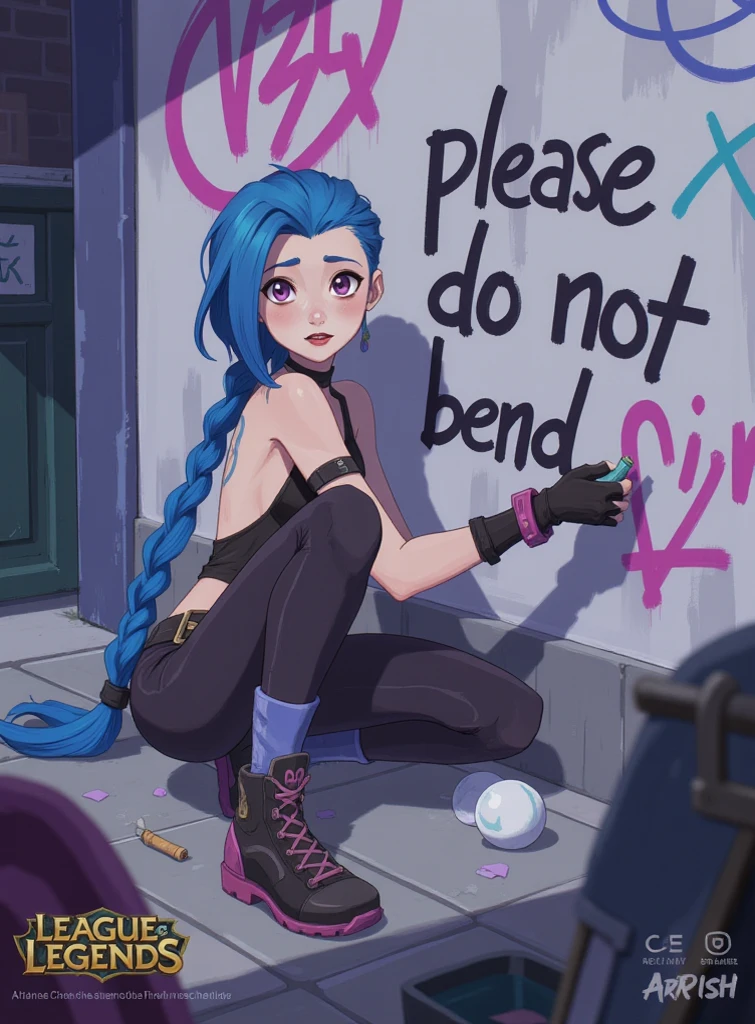 character art of jinx graffiting "please do not bend", jinx graffiti, jinx handwriting, jinx arcane, facial expressions, long blue braids, jinx arcane, loish art style, loish art