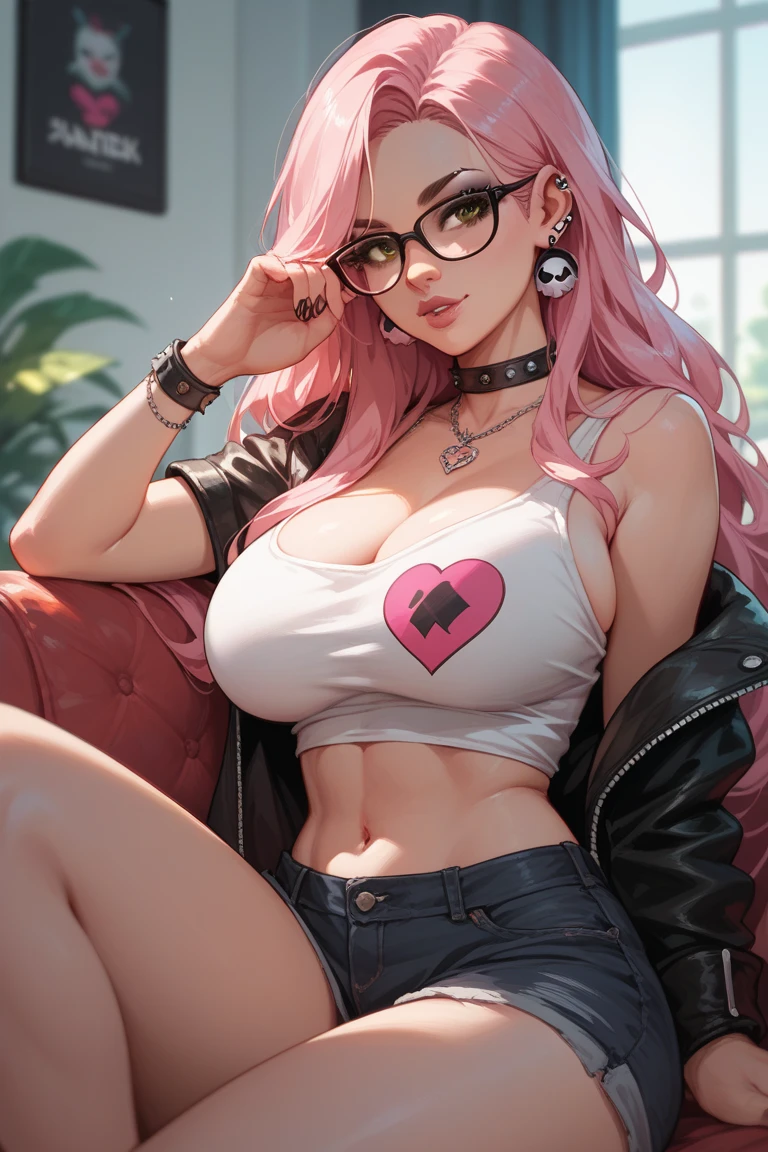 Curvy, glasses, sexy, large breasts, light pink long hair, BROWN EYES, emo style, playing video games