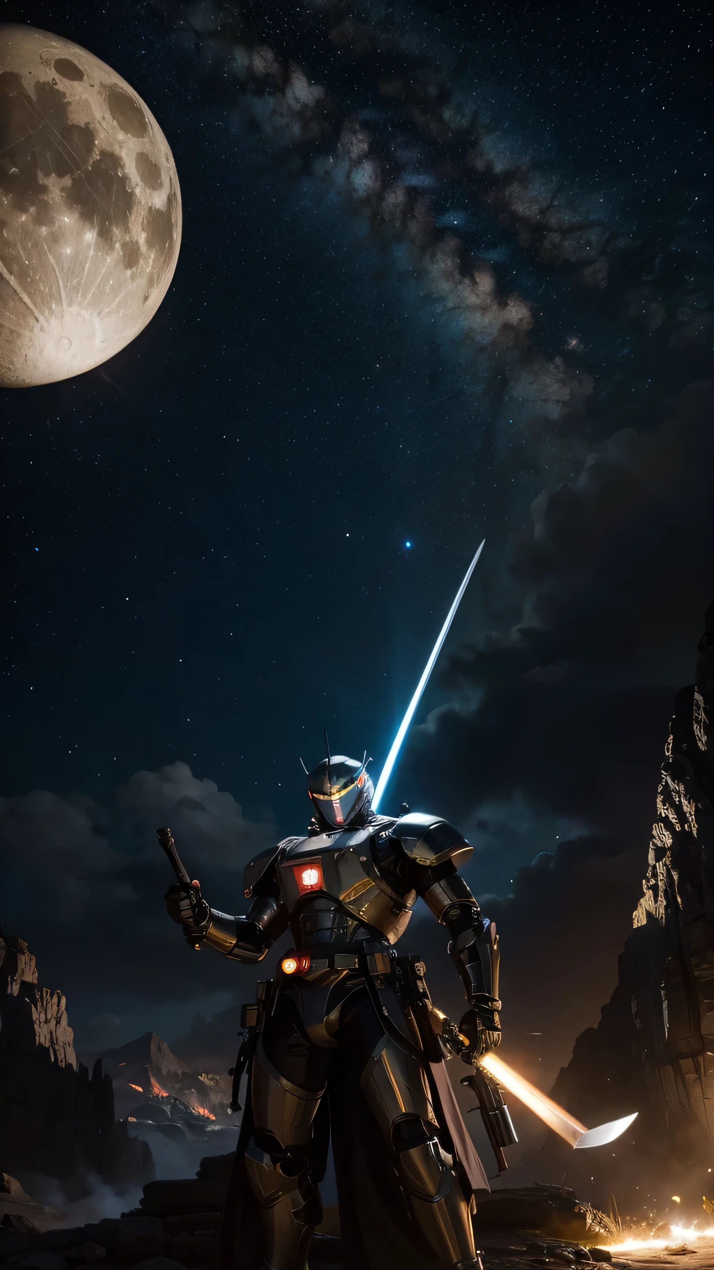  high-definition picture ，masterpiece,  very detailed,  super real ,  detailed background ,  BRIGHT LIGHTING, Daylight,ROBOT KNIGHT IN SPACE , ( A Swordsman fights against bandits in outer space surrounded by stars), (Before the Moon）, (Wide angle), Shootout While Razor Rays Are Flying 。