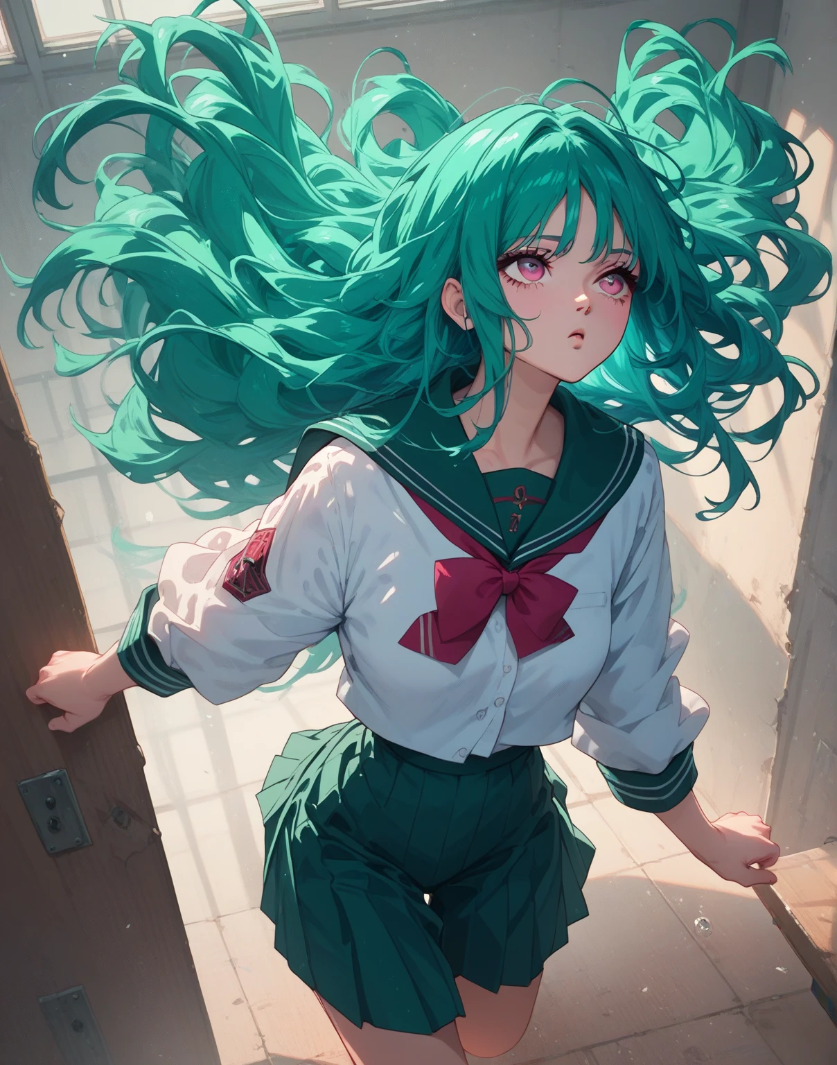 a woman with long wavy dark teal green hair, pink eyes, pink school uniform, chainsaw at the background, running, ruin boarded classroom, look up, (((alone))), looked from behind above, 