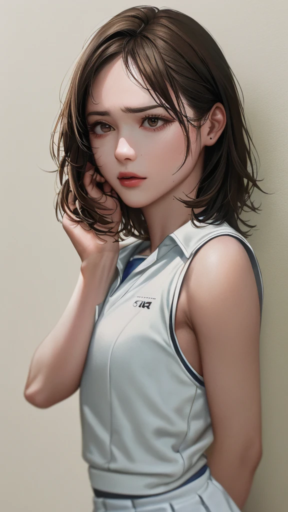 1girl, solo, white polo shirt, white sneakers, tennis wear, white miniskirt, masterpiece, best quality, realistic, hyper-detailed, (shiny skin, sweaty:1.4), absurd, looking at viewer, short black hair, brown eyes, slender, dynamic lighting, high resolution, sharp focus, depth of field, detailed eyes, sharp pupils, realistic pupils, (small breasts:1.6), (thick thighs:1.0), outdoor, sky