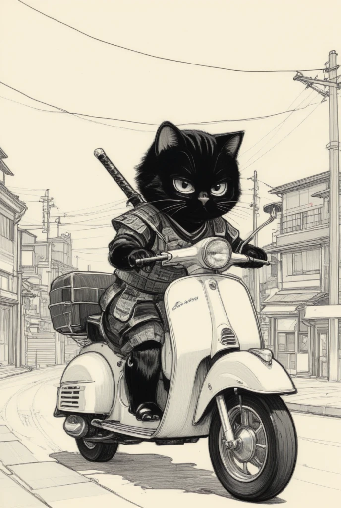 monochrome, long shot, A bipedal black cat dressed as a Japanese samurai rides a Vespa 150vl1t1955、Vision、chibi anime, 2D Anime, anime, OBxiantiao, 