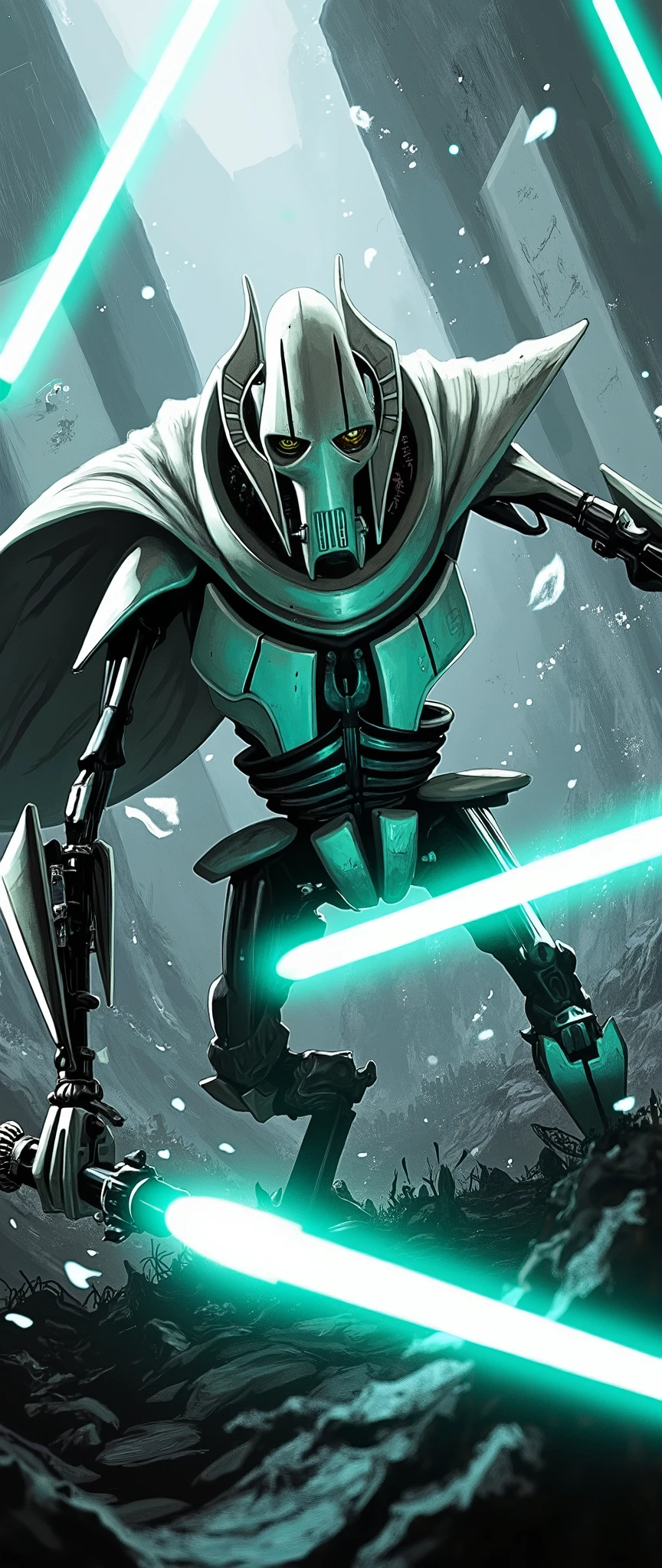 (masterpiece:1.2,EXCEPTIONAL QUALITY ,Mirror finish, Cinematic Experience, best illustration ),8k,16k,(wallpaper),General Grievous from star wars, General Grievous, sharp digital painting, complex fluid , Concept work, Warframe Infected Art , Airbrush Concept Art ,( black and white, Artwork, pencil,Rough sketch) lightsaber,( dynamic poses in a crowded store),( old cloak :2.0),(Four Swords:2.0)