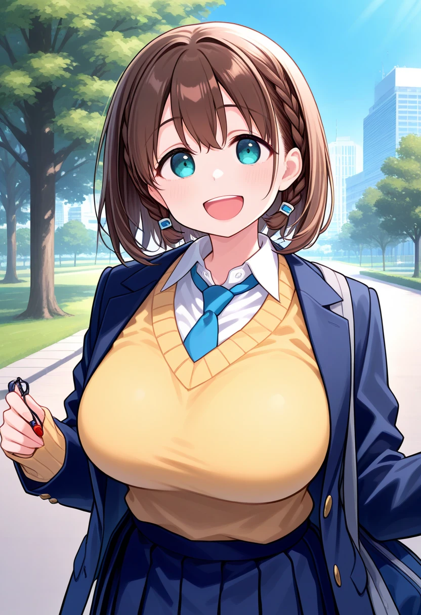 masterpiece,  top quality ,  1 girl, Alone, Ai-chan, Brown Hair,  medium hair, Cyan eyes,  braided ,  Big Breasts, Blue blazer,  yellow sweater vest,  blue tie ,  blue skirt,  pleated skirt ,  watching viewers,  happy , ,  blue sky, city,  upper body,  weaving, tree々, Park