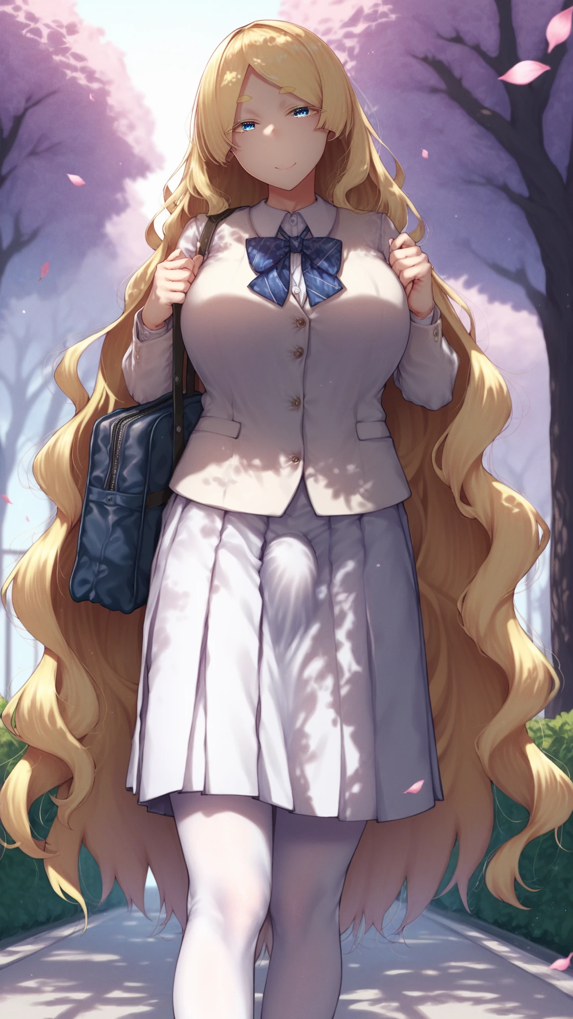 young woman, by the ruby,  very bright yellow hair,  semi-wavy hair,  very long hair, Very tall woman,  school uniform , very elegant uniform, white coat ,  white skirt ,  school uniform  de saco y falda,  lump on the legs, visible bulge through the skirt,  lump on the legs visible a través de la falda,  light blue eyes, light eyes,  big eyes,  detailed eyes ,  blond lashes,  blonde eyebrows,  white tights , very long stockings, smile,  open eyes , anime,  anime style tanishi , Alone,  short skirt ,  schoolyard , Park, SAKURA trees , Woman with school bag