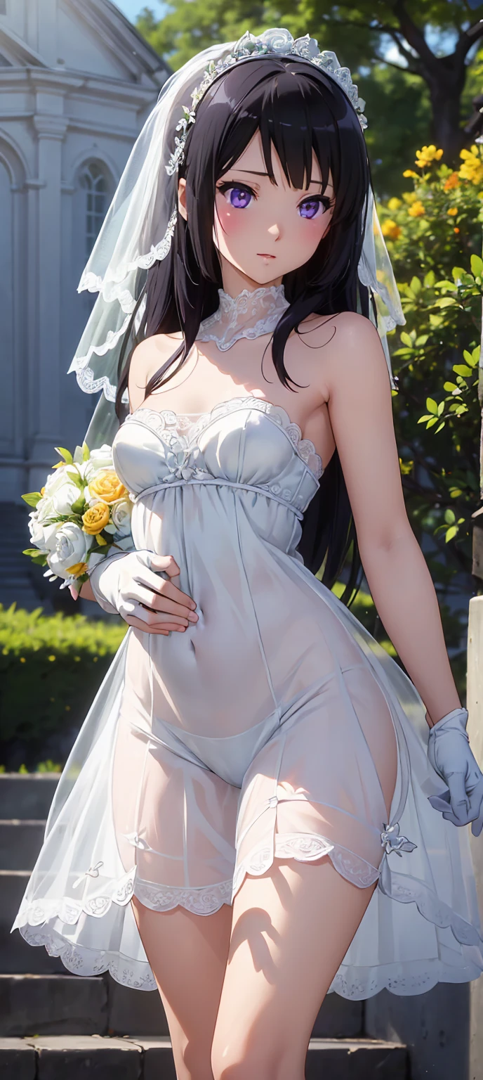 look up, 8K, masterpiece, Most detailed, Highest quality,, create a sense of fit, Cute Girls,Side Tail, (Wet),Sun light,((wedding)),pubic hair,Veil,(((bride))),((show off)),(ふっくらとしたNipples),Ecstatic expression,Outdoor,White lace,Nipples,Ample breasts,Saggy breasts,Hime cut,One female,Stick your butt out,Front lighting,hard core,