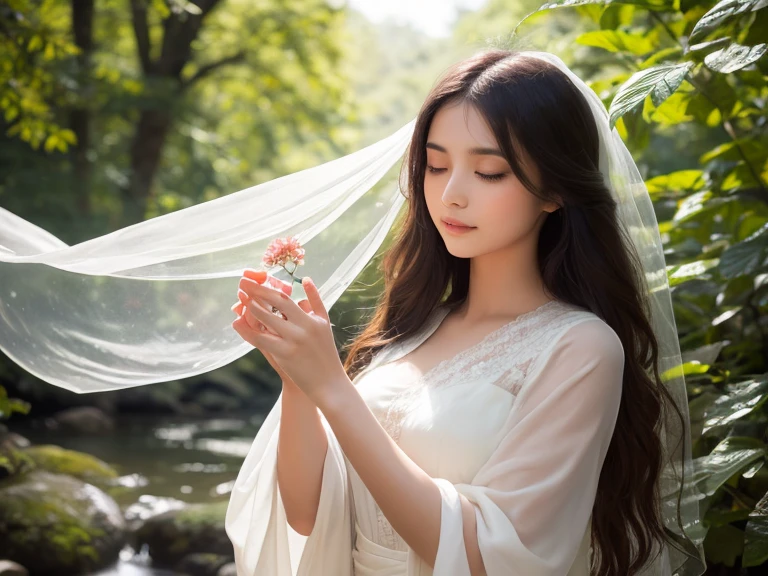 (8k, RAW photo, best quality, masterpiece:1.2), (realistic, photo-realistic:1.37),1 girl, full body photo, black hair, flowing hair, hazy beauty, extremely beautiful facial features, white embroidered dress, hairpins on her head, lying in a flower bush, hand dragging chin, perfect hand, white flower, (spring, rainy day, terraces, mountains), simple vector art, contemporary Chinese art, soft light, entangled scarf, overlook
