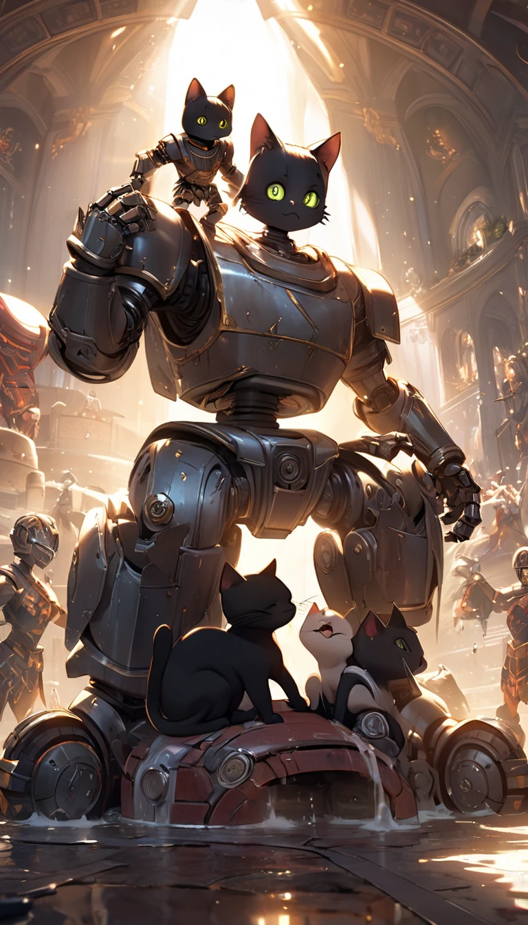 Animation, 8K quality, sophisticated design, advanced lighting technology, work of art, picturesque, theme is "robot gladiator", a robot gladiator with a funny face, a robot gladiator posing with a big sword, a black cat sitting on the robot gladiator's head and pretending to wash its face, a comical scene where the black cats are playing with the robot gladiator, a heartwarming scene, bright sunlight