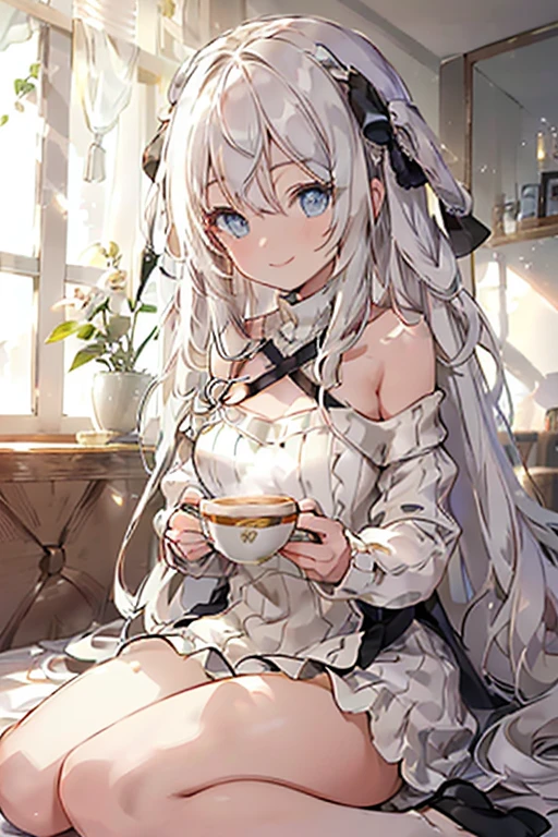 (from below:1.4),((1girl, silver hair, long hair, qutel blue eyes, beautiful eyes, pretty smile:1.5, ), ( off-shoulder dress, sweater dress), ray tracing, vibrant colors, girl, masterpiece, sharp focus, best quality, depth of field, cinematic lighting, detailed outfit, 4k, perfect eyes, rich in details and textures, white hair, very long hair, golden eyes, hair between eyes, colored inner hair, bright smile, knitted loose, loose clothes, long sweater, black legwear, sitting on grass, under tree, sunlight, light rays, god rays, looking up, smiling, bare shoulders, leggings,(beautifull detailed face), (perky chest:1.2), (pointed chest:1.1), (morning cafe magazine cover:1.3),(with sparkling eyes and a contagious smile),her thin pubic hair:1.2, looking at viewer