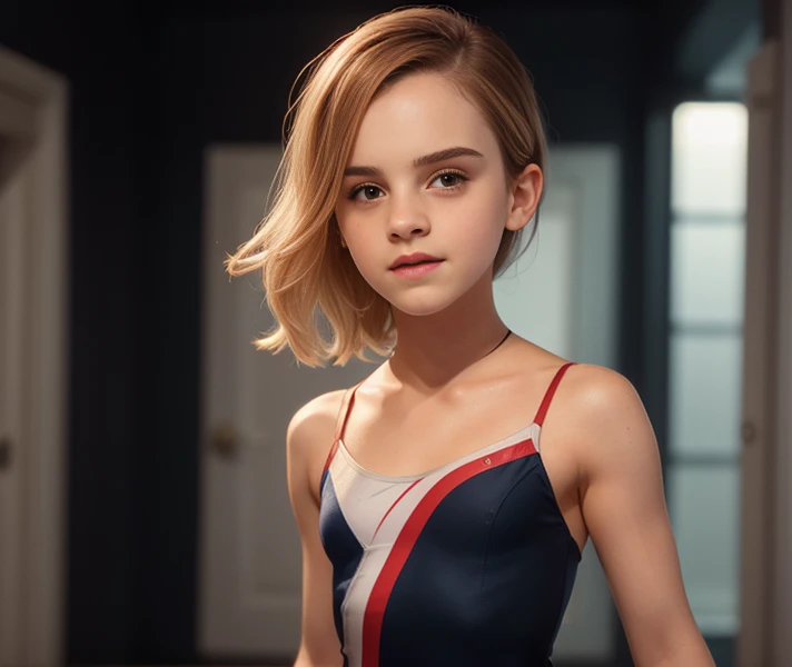 Masterpiece, (Emma Watson: 1.2),  doing the splits in a gymnasium, wearing a red white and blue 'team USA' gymnastics leotard and padded grips on her wrists, ((sides of waist pulled in impossibly tight)), ultra detailed, (long platinum blonde hair)), ultra realistic, full body shot, ((looks kind of innocent)), slim body, narrow hips, small breasts, very detailed face, looks like they are happy, (cinematic lighting, bokeh), dramatic, award-winning photography, incredible masterpiece, 16K, ultra high res.photorealistic, UHD, RAW, DSLR