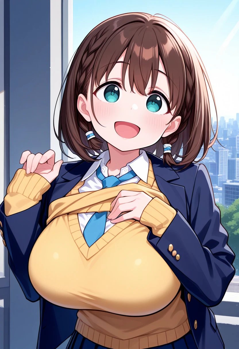 masterpiece,  top quality ,  1 girl, Alone, Ai-chan, Brown Hair,  medium hair, Cyan eyes,  braided ,  Big Breasts, Blue blazer,  yellow sweater vest,  blue tie ,  blue skirt,  pleated skirt ,  watching viewers,  happy , ,  blue sky, city,  upper body,  weaving, tree々, Park　 shirt lift