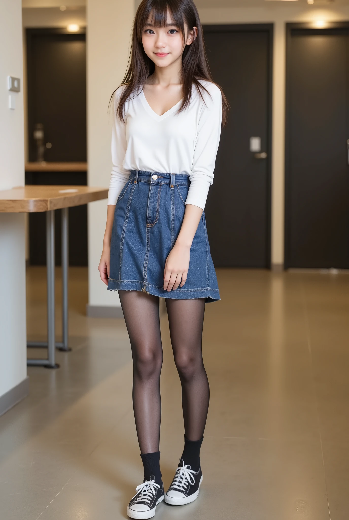 upper real  , photorealistic , she looks very happy , shadow, Global Pi Illuminations , alone, (age Japanese Girl:1.5), very beautiful and delicate Japanese girl ,  black hair、 Hairstyle Shortcut、 smile、、long sleeve blouse 、  skinny denim、、 black tights 、  sneakers、 facing forward， full body photo ，

