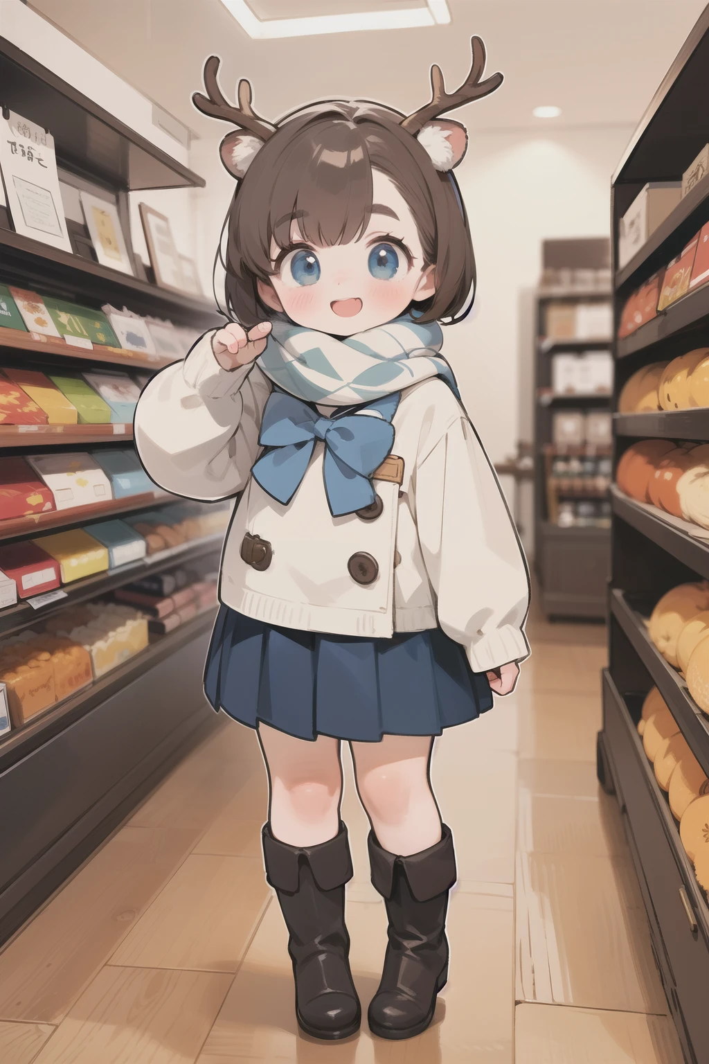 ( top quality , oconnor ,  super detailed  ), とても若い  girl ， short，deer， fluffy hair  \(\), Brown Hair,  short bob cut  ,  thick eyebrows， long sleeve white sailor suit，  pleated skirt ， warm scarf ， LIGHT BLUE RIBBON ，  brown boots  ，deerの角，Autumn in Nara City， has a face standing on the floor ，smile，deerせんべい:1.2，  dynamic pose in a crowded store ， autumn leaves，  playful gesture，  girl &#39;Lure，
