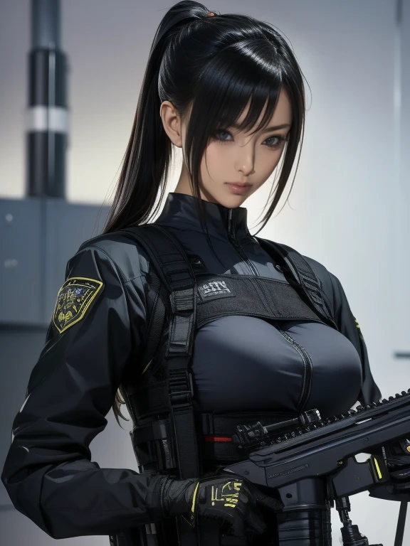 best quality, highres, textured skin, 8k, Anatomically correct, masterpiece:1.2, photo-realistic:1.2, super realistic details, Realistic proportions, extremely detailed face, solid circle eyes, chubby girl, curvy:1.2, looking at viewer, (((female special forces:1.5, special forces badge, heavy Armed girls , Armed with the latest firearms:1.5, modern equipment, latex body armour:1.4, tactical vest ,military harness, magazine belt, midriff, skindentation,))), Confident smile, Various stylish hairstyles, huge breasts, suntanned body, cyberpunk dystopian city, City of the Future, 2080s, night scene, Beautiful Neon Lights, No people in the background, A scene from a movie, cinematic lighting, cinematic shadows, vibrant colors, feminine yet authoritative, attention to facial features and makeup, depth of field, Futurism,
