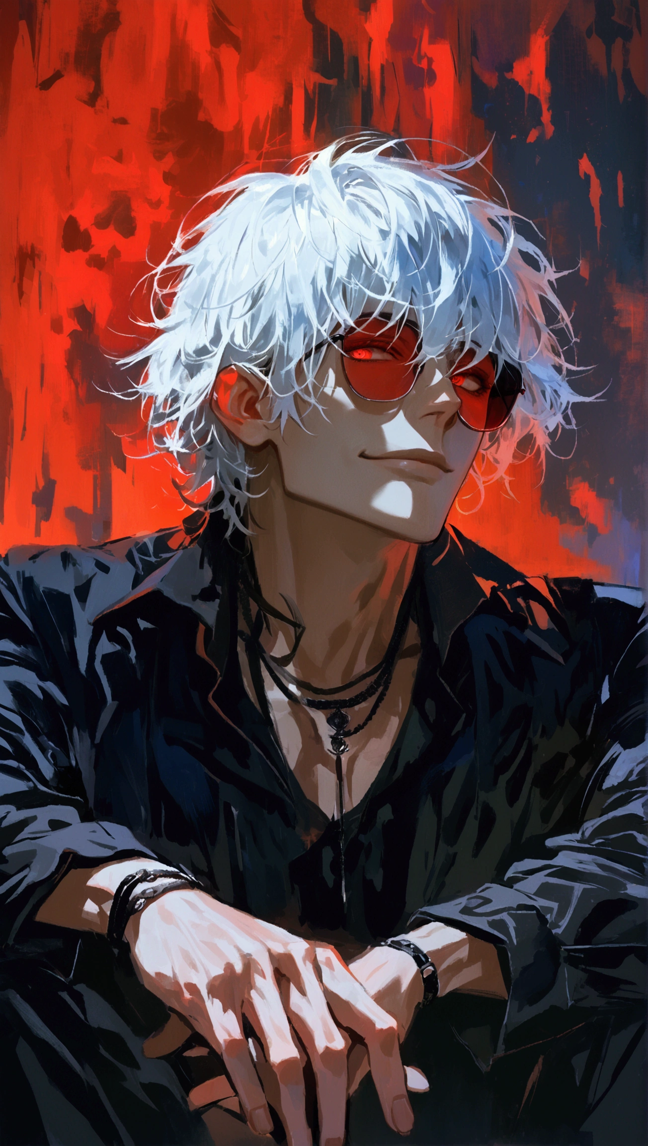 (solo), (1 male), (1 man), handsome men, (one man with white hair, red eyes), Bob hair, messy hair, sunglasses,((masterpiece)), (dark background: 1.3), (stylish), dynamic angle, (detailed face, detailed eyes, proportional hands, proportional anatomy), sitting in a relaxed pose, sinister atmosphere, a nihilistic smile