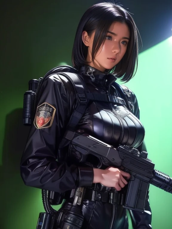 ((melhor qualidade)), ((obra-prima)), (alto detalhe: 1.3), ....3d, machine gun in hand, beautiful special forces shooting (Cyberpunk:1.2), Robort, mulher com cabelo volumoso espesso em (em camouflage_uniforme:1.1), bullet proof vest, capa de chuva, digital (camuflagem: 1.3), HDR (high dynamic range), ray tracing, NVIDIA RTX, ultra-highresolution, Unreal 5, espalhamento subsuperficial, PBR Texturing, Post-processing, anisotropic filtering, profundidade de campo, Maximum clarity and sharpness,  texturas multicamadas, Albedo and reflection maps, surface shading, accurate simulation of the interaction of light and material, ideal proportions, octane rendering, two-color lighting, ampla abertura, ISO baixo, White balance, rule of thirds, 8K BRUTO, subpixel efetivo, Subpixel convolution,
