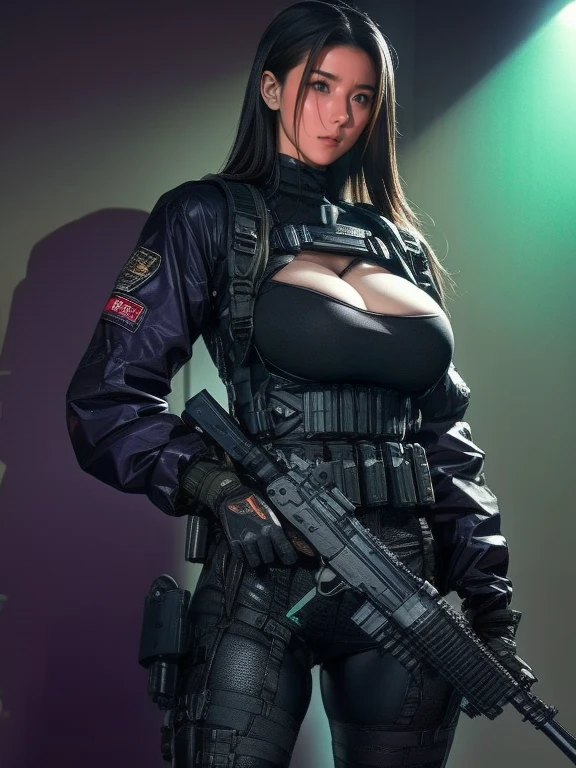 a sexy woman with large breasts,thick thighs,police uniform,tactical vest,combat boots,tattoos on her arms,cap,detailed face,beautiful eyes,beautiful lips,high quality,realistic,photorealistic,hyper detailed,ultra detailed,masterpiece,8k,cinematic lighting,dramatic lighting,chiaroscuro,moody atmosphere,dramatic colors,vibrant colors,rich colors