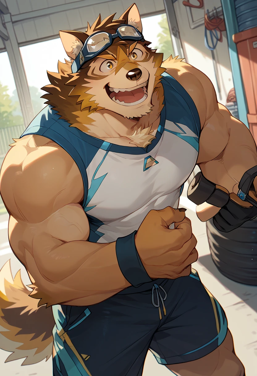rigby, furry male, solo, raccoon boy, (best quality), pecsm (detailed muscular,:1.6) looking at viewer, snout, smile, Arms behind head, (veins) (vascular,) veiny biceps,armpits, (musk), (musk clouds:1.3), rainbow tank top, (gym background:1.2), grin, cinematic lighting, <lora:rigby-v1B:1>