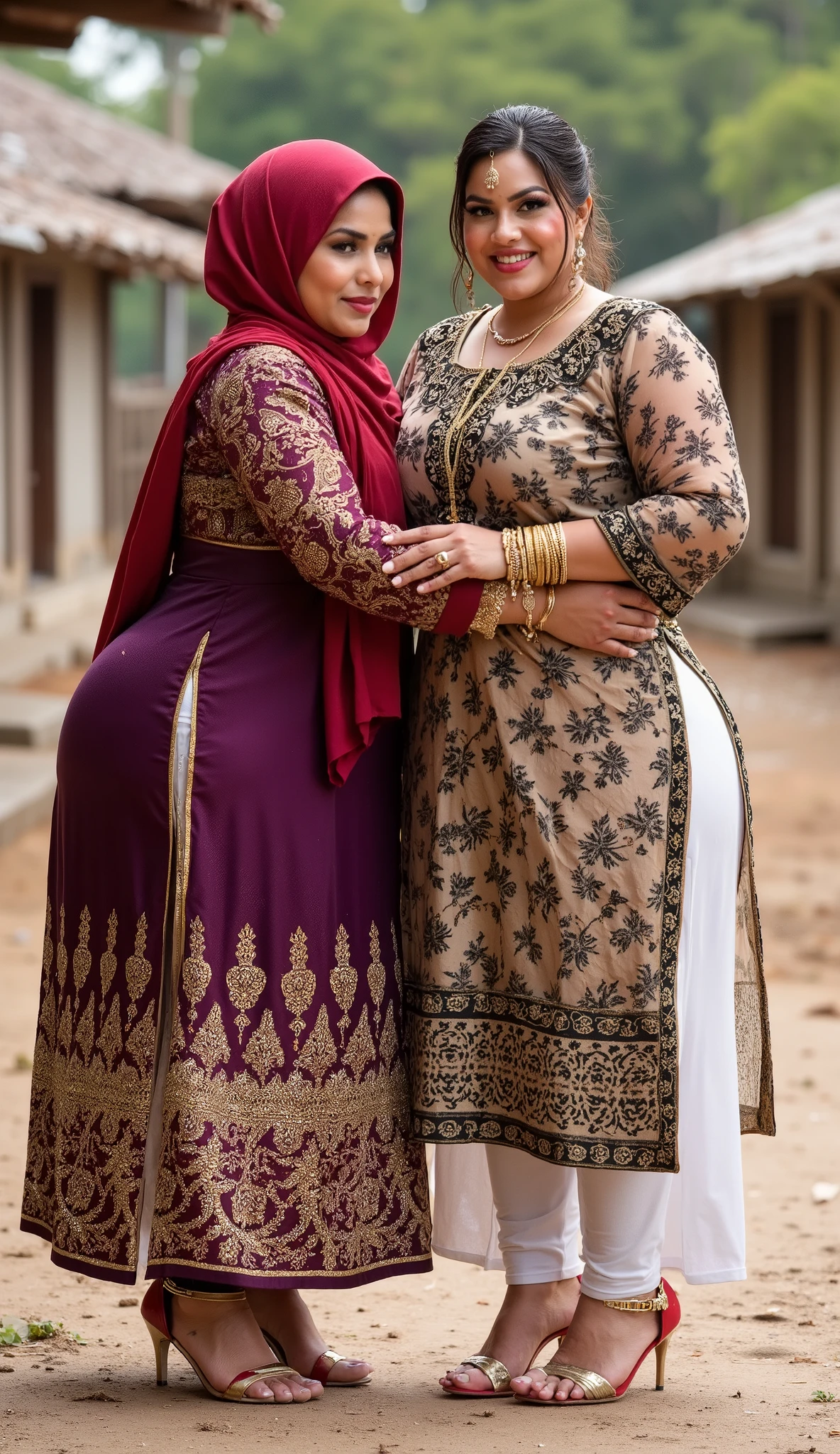 I am 40 year old plus size tall and big giant indian muslim women, looking like indian actress hansika motwani, wearing a gold and black boarded sleeveless transparent kurti and shining reflective glossy white ankle length leggings and red hijab,white-skin,white skin tone, beautiful face, red lips, clean skin, celebrity face, thick leggs, round ass,bulging ass,huge breast, i am hugging another 40 plus size tall and big giant indian wife, looking like indian actress anushka shetty, wearing shining reflective glossy gray ankle length leggings and purple golden boarded sleeveless transparent kurti, white skin tone, beautiful face, red lips, clean skin, celebrity face, thick leggs, round ass,bulging ass,huge breast,all indian ornaments like ,gold chain,gold necklace,gold ear ring with chain connect with nose ,nose stud ,auspicious thread in Necklace, Armlet, bangles,red sindur on head,women standing looking the viewer,both women have huge bulging hips,smiling happy face,red and gold stileto heels,looking straight to camera, realistic photo, looking straight to camera,full body image,wide angle shot in camera, realistic photo,a quarter back side view of women,in a remote village meeting,people watching women,