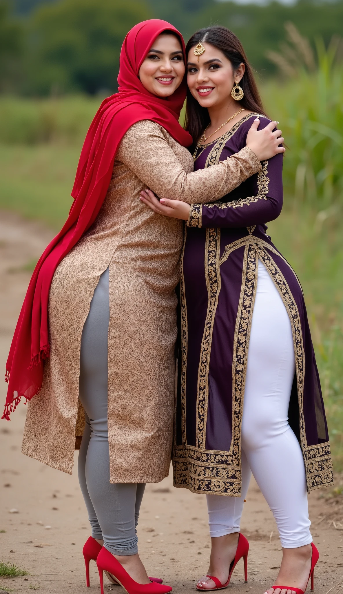 I am 40 year old plus size tall and big giant indian muslim women, looking like indian actress hansika motwani, wearing a gold and black boarded sleeveless transparent kurti and shining reflective glossy white ankle length leggings and red hijab,white-skin,white skin tone, beautiful face, red lips, clean skin, celebrity face, thick leggs, round ass,bulging ass,huge breast, i am hugging another 40 plus size tall and big giant indian wife, looking like indian actress anushka shetty, wearing shining reflective glossy gray ankle length leggings and purple golden boarded sleeveless transparent kurti, white skin tone, beautiful face, red lips, clean skin, celebrity face, thick leggs, round ass,bulging ass,huge breast,all indian ornaments like ,gold chain,gold necklace,gold ear ring with chain connect with nose ,nose stud ,auspicious thread in Necklace, Armlet, bangles,red sindur on head,women standing looking the viewer,both women have huge bulging hips,smiling happy face,red and gold stileto heels,looking straight to camera, realistic photo, looking straight to camera,full body image,wide angle shot in camera, realistic photo,a quarter back side view of women,in a remote village meeting,people watching women,