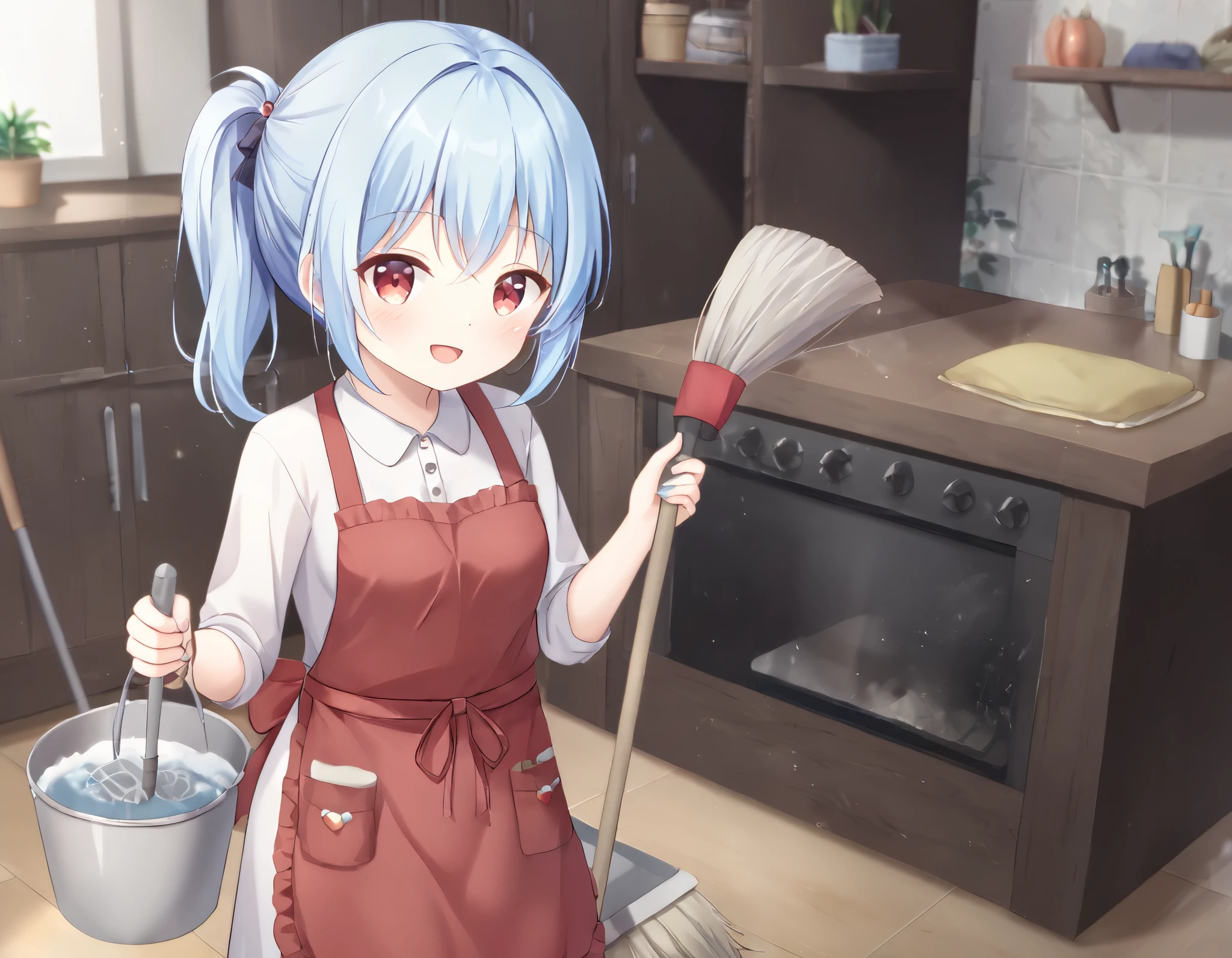 long light blue hair 、 beautiful girl with twin tail hairstyle 、Smiling while cleaning the bright living room、Holding a bucket、 red apron、Cleaning tools、mop、detergent