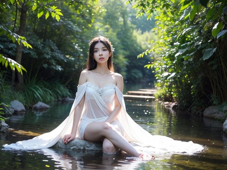 one pretty girl, solo, supermodel, full body, long hair, makeup, parted lips, big breasts, cleavage, wearing a fairies dress, (looking at viewer), beside a stream, thighs, soft lighting, film grain, upper body, epiCPhoto, (best quality:1.2), (masterpiece),((ultra-detailed)),