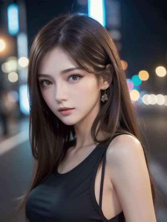 (Best quality, High resolution, Masterpiece :1.3), A pretty woman, Slender figure, Dark brown hair, T-shirt, (Street in city at night), Highly detailed face and skin texture, Detailed eyes, Double eyelid