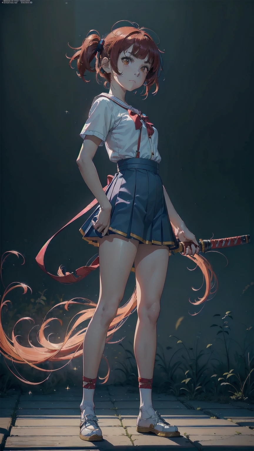 ((top quality, ultra-detailed, high resolution, extremely detailed CG, unity 8k wallpaper, by famous artist, perfect anatomy, super detailed skin, cinematic lighting, UHD, retina, anatomically correct, 1080P)), ((Please draw a single one young girl wielding a katana, standing, sad face, scared, tender, humble, good girl, but determined look, with no background:1.3)), ((hidari gedan no kamae stance:1.5)), ((1girl)), ((a middle school student:1.5)), ((cute petit girl, chibi, babyface:1.5)) androgynous charm, ((Medium hair)), ((full red hair)), ((redhead)), ((pigtails)), ((straight bangs)), with a bow in her hair, ((very thin legs)), ((skinny legs, thin body, small build)), full limbs, complete fingers, ((perfect fingers and hands)), flat chest, small breasts, small butt, groin, Beautiful detailed full yellow gold eyes, perfect eyes, sailor school uniform, ((blue skirt)) and white blouse, ((red bow on the blouse)), blue sailor collar, short sleeves, stockings, socks outlined with black stripe, shoes, ((Detailed Lighting)), ((Without background)), full body view, ((standing)), legs, cute, kawaii single girl (one girl), full body shot, front body, ((little young body:1.5)), ((A natural, correctly proportioned hands)), ((Straight bangs cut just to the eyebrows, perfectly aligned and not moving to the side:1.3)), ((perfect natural fingers and hands)), ((The katana appears complete in the photo)), ((perfectly well made katana)), ((long katana)), ((front body view:1.5)), 