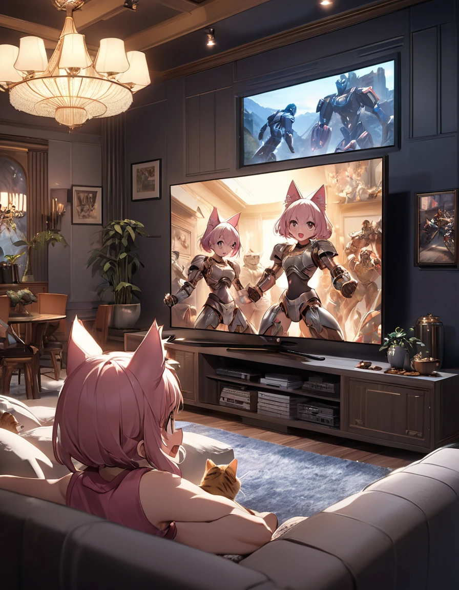 Anime, 8K quality, sophisticated design, advanced lighting technology, work of art, picturesque, theme is "Robot Gladiator", cat-eared girl is watching a big screen TV, the big screen TV shows a scene of robot gladiators fighting, cat-eared girl is excited and raises her arms to cheer on the robot gladiators, comical scene, one scene in the living room