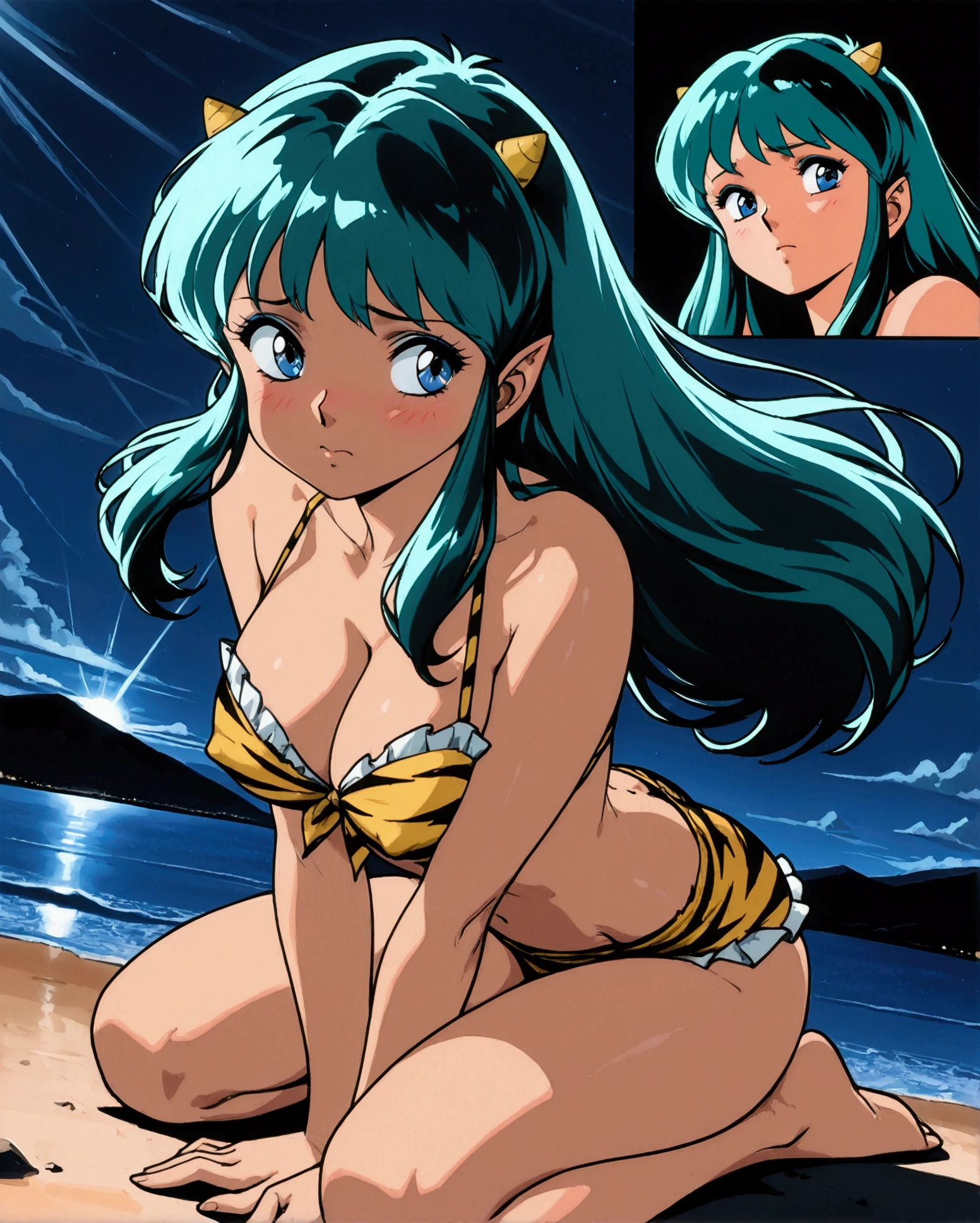 NSFW, masterpiece, (best quality: 1.2), long hair, blue eyes, green hair, big breasts, evil_smile, sexy, ((red lipstick, fishnet stocking)),, ((micro bikini, cow, gray bell)), ((cum shot: 1.5))