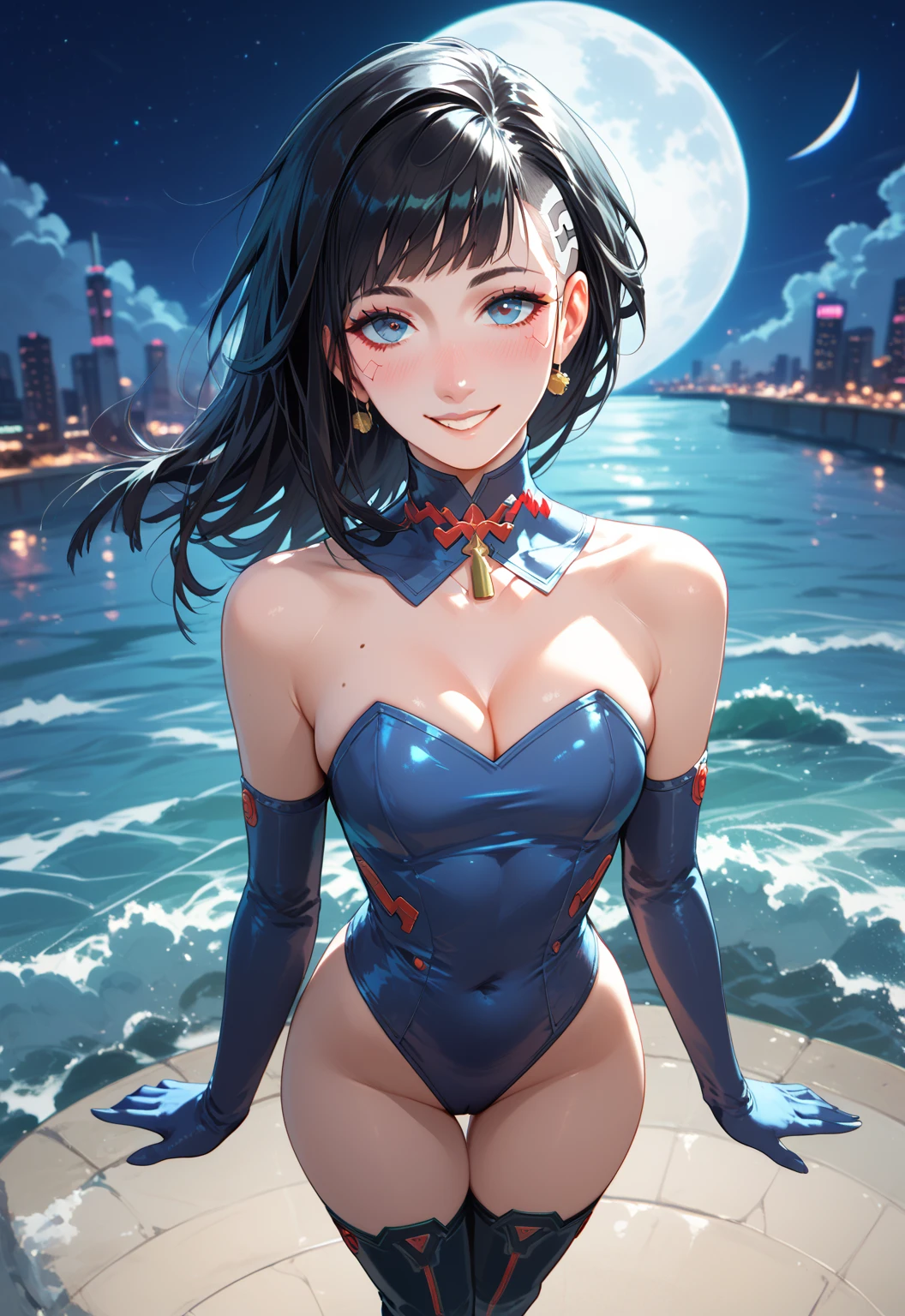 maximum quality、extremely delicate and beautiful、I am、I am、a 14 year old、Japanese、Chiquita、a high school student、A brunette、Canine ears、far away、((blue leotard costume))、（leg high）、tiara on head、a smirk、standing、facing the front、The background is a resort pool、Represents the entire body、gravure