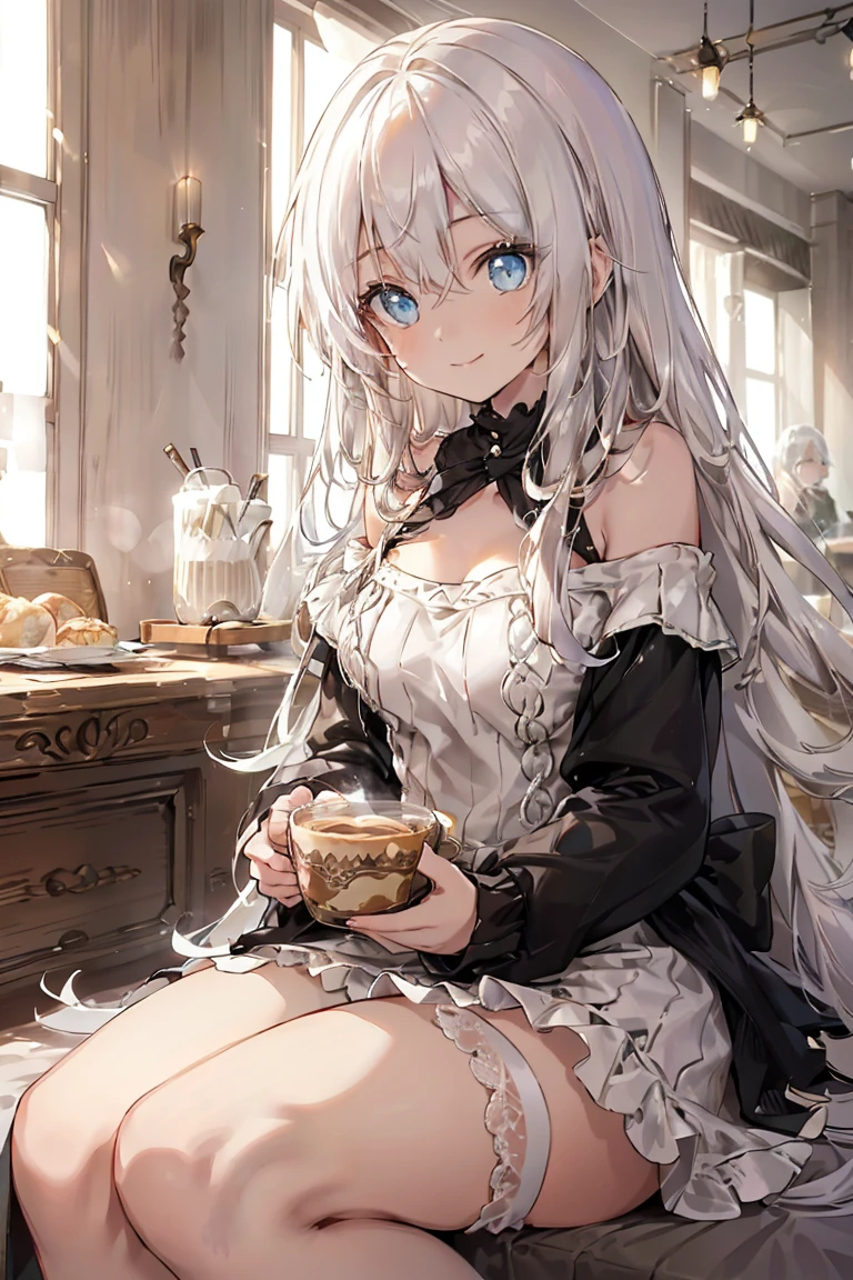 (from below:1.4),((1girl, silver hair, long hair, qutel blue eyes, beautiful eyes, pretty smile:1.5, ), ( off-shoulder dress, sweater dress), ray tracing, vibrant colors, girl, masterpiece, sharp focus, best quality, depth of field, cinematic lighting, detailed outfit, 4k, perfect eyes, rich in details and textures, white hair, very long hair, golden eyes, hair between eyes, colored inner hair, bright smile, knitted loose, loose clothes, long sweater, black legwear, sitting on grass, under tree, sunlight, light rays, god rays, looking up, smiling, bare shoulders, leggings,(beautifull detailed face), (perky chest:1.2), (pointed chest:1.1), (morning cafe magazine cover:1.3),(with sparkling eyes and a contagious smile),her thin pubic hair:1.2, looking at viewer