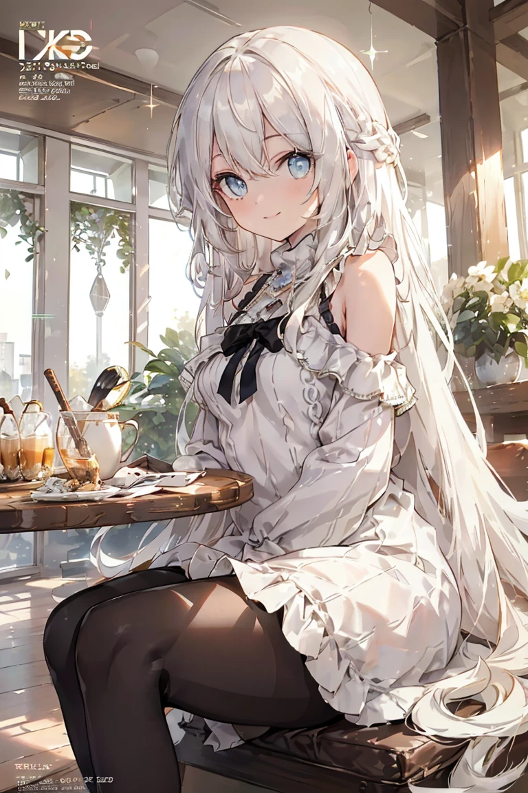 (from below:1.4),((1girl, silver hair, long hair, qutel blue eyes, beautiful eyes, pretty smile:1.5, ), ( off-shoulder dress, sweater dress), ray tracing, vibrant colors, girl, masterpiece, sharp focus, best quality, depth of field, cinematic lighting, detailed outfit, 4k, perfect eyes, rich in details and textures, white hair, very long hair, golden eyes, hair between eyes, colored inner hair, bright smile, knitted loose, loose clothes, long sweater, black legwear, sitting on grass, under tree, sunlight, light rays, god rays, looking up, smiling, bare shoulders, leggings,(beautifull detailed face), (perky chest:1.2), (pointed chest:1.1), (morning cafe magazine cover:1.3),(with sparkling eyes and a contagious smile),her thin pubic hair:1.2, looking at viewer