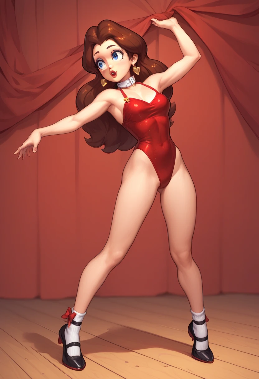 Cute Pauline wearing a sparkling shiny red leotard, black Mary Jane strap tap shoes with small white socks,,performing on stage with red curtains, black mix with brown hair, eyes are centered,, while tap dancing , red bow with a white collar on her neck, small wood board, she crosses her legs