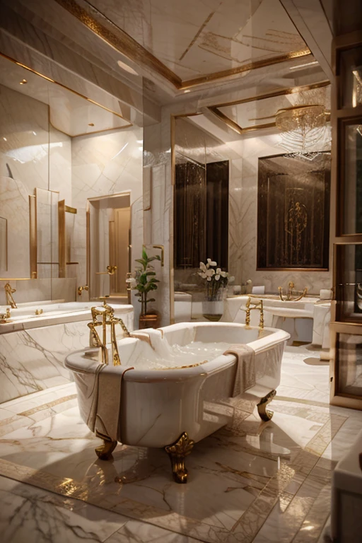 A luxurious and minimalist master bathroom in a winter mansion. The space features white marble floors and walls with gold-veined accents, a freestanding bathtub near a large window overlooking snowy mountains, and a rain shower with geometric mosaic tiles. Dual wooden vanities with marble countertops and Islamic calligraphy decor add elegance. Warm, arabesque lighting and a small prayer area complete the serene, spiritual atmosphere.
